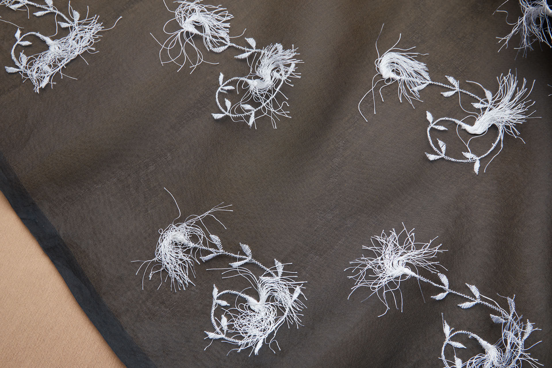 Vintage White Tufty Flower Embroidery on Black Silk Organza fabric, image 4 of 11