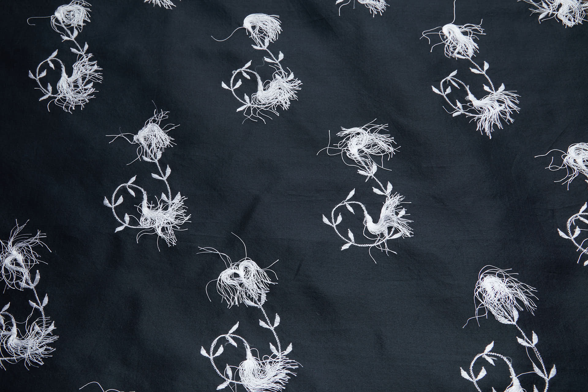 Vintage White Tufty Flower Embroidery on Black Silk Organza fabric, image 11 of 11