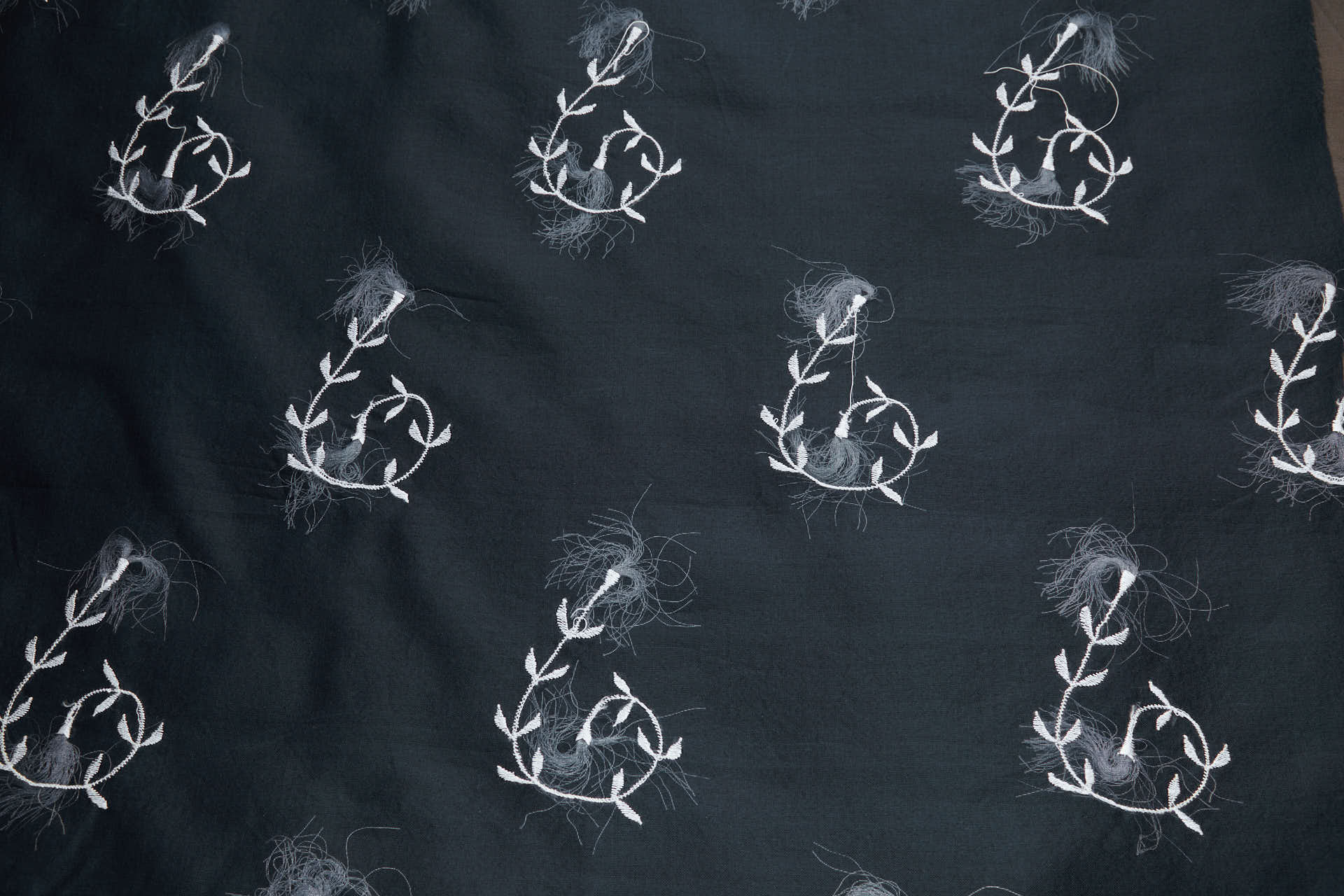 Vintage White Tufty Flower Embroidery on Black Silk Organza fabric, image 9 of 11