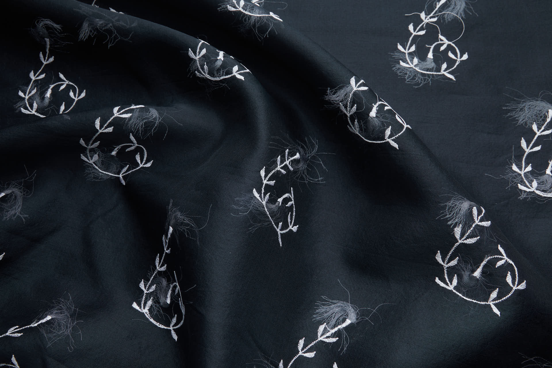 Vintage White Tufty Flower Embroidery on Black Silk Organza fabric, image 5 of 11