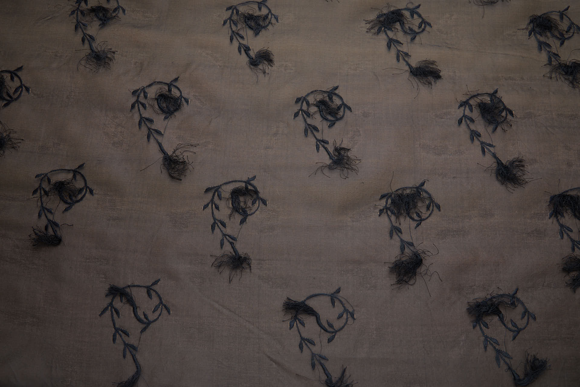 Vintage Black Tufty Flower Embroidery on Black Silk Organza fabric, image 8 of 9