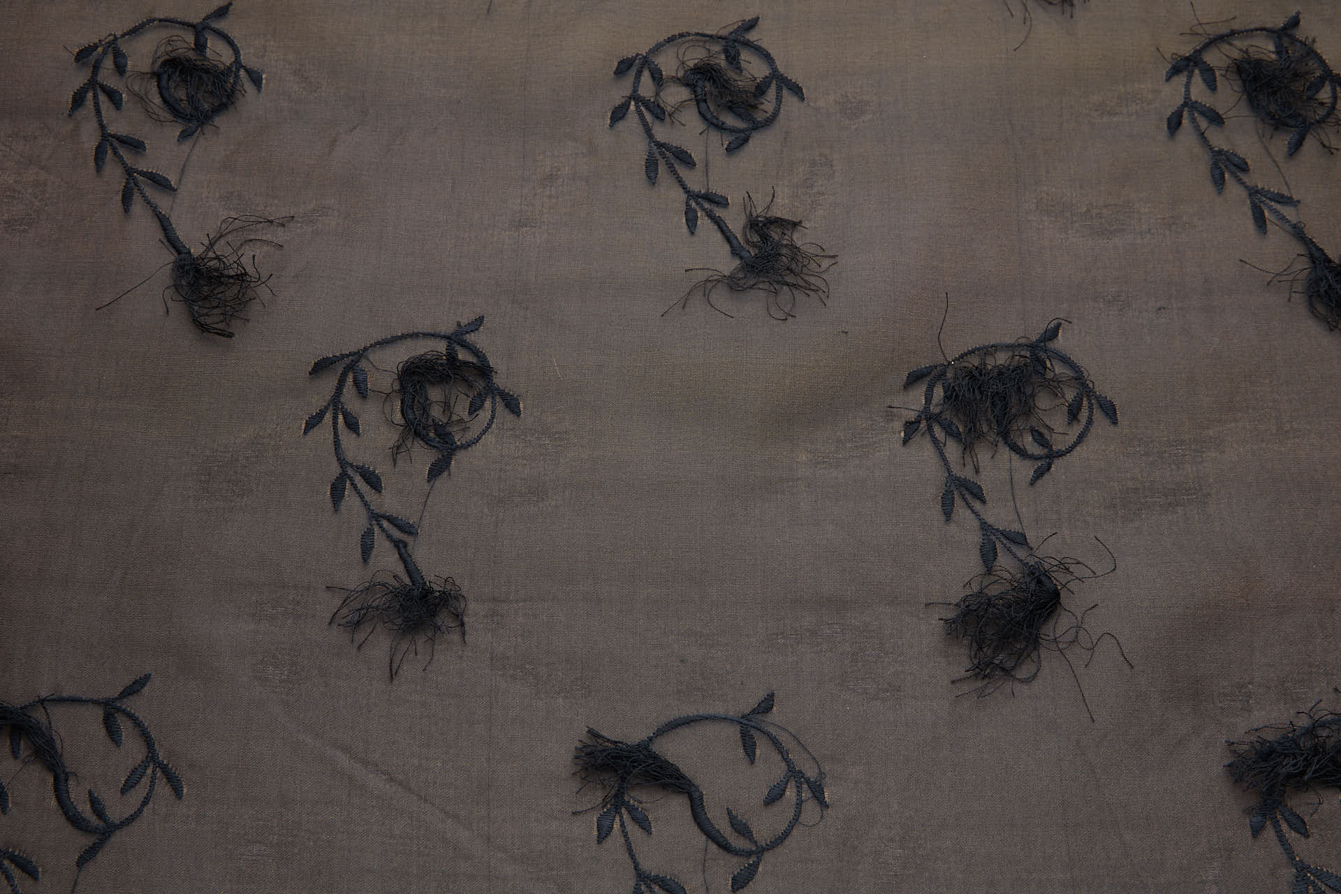 Vintage Black Tufty Flower Embroidery on Black Silk Organza fabric, image 6 of 9