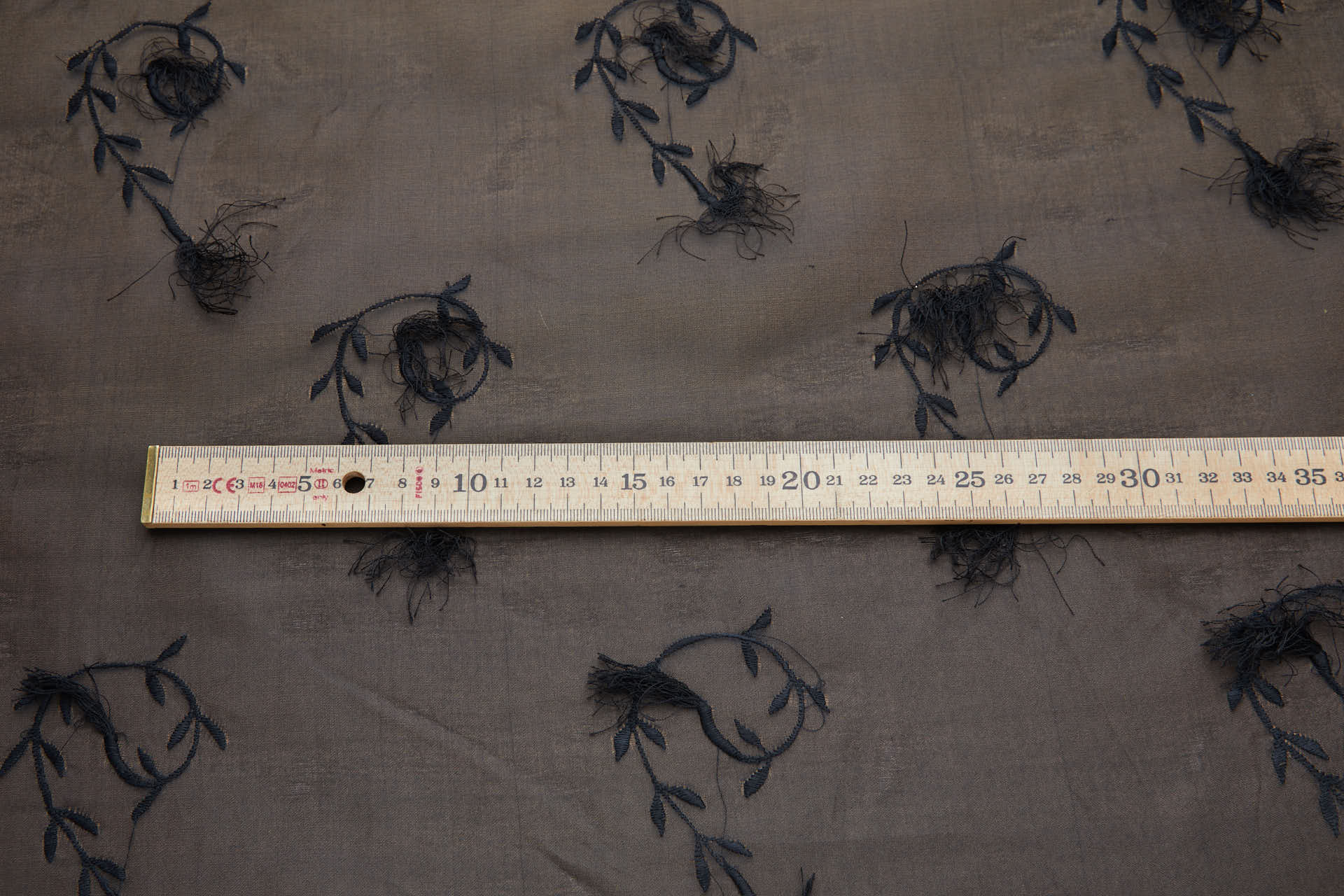Vintage Black Tufty Flower Embroidery on Black Silk Organza fabric, image 3 of 9