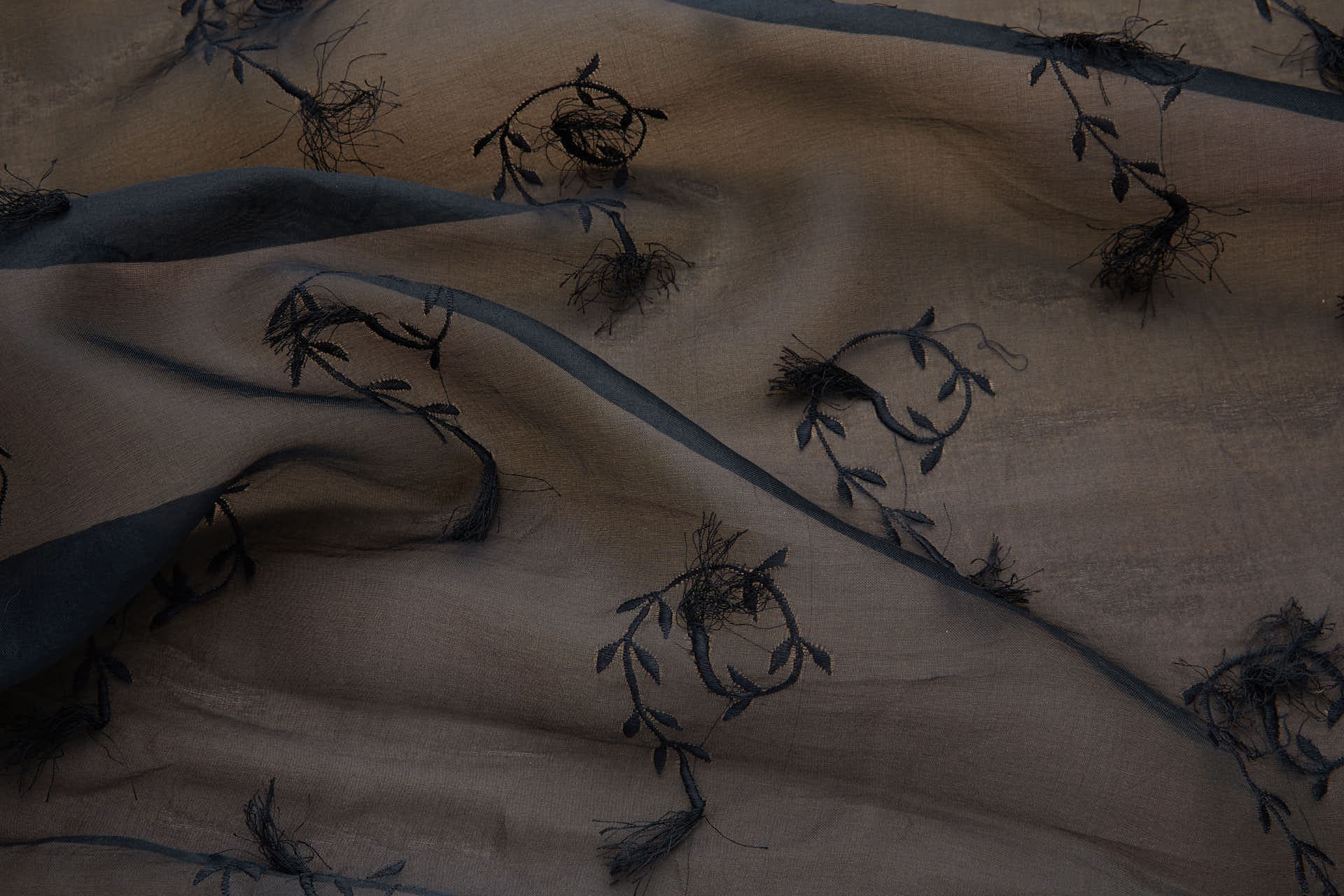 Vintage Black Tufty Flower Embroidery on Black Silk Organza fabric, image 9 of 9