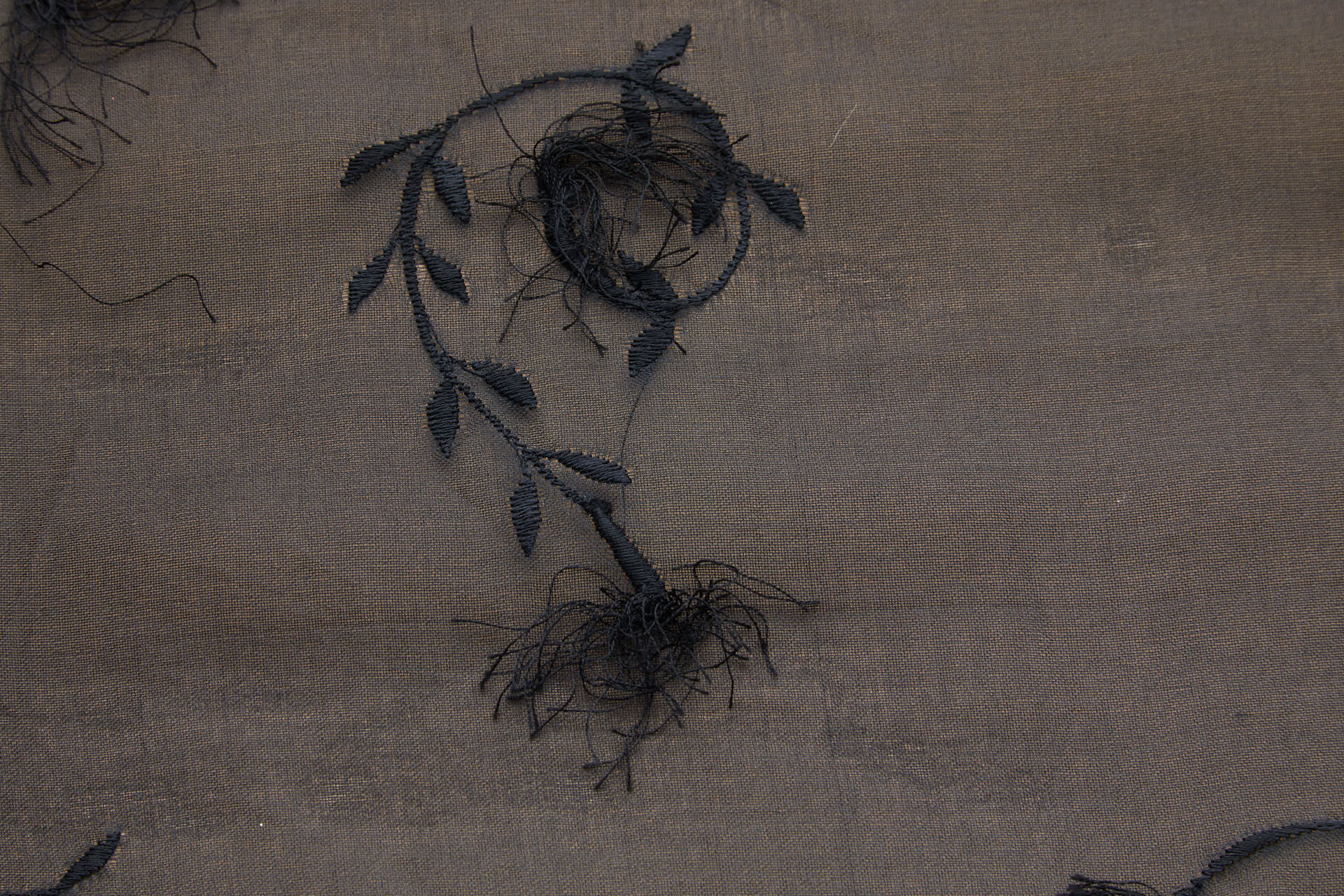 Vintage Black Tufty Flower Embroidery on Black Silk Organza fabric, image 4 of 9