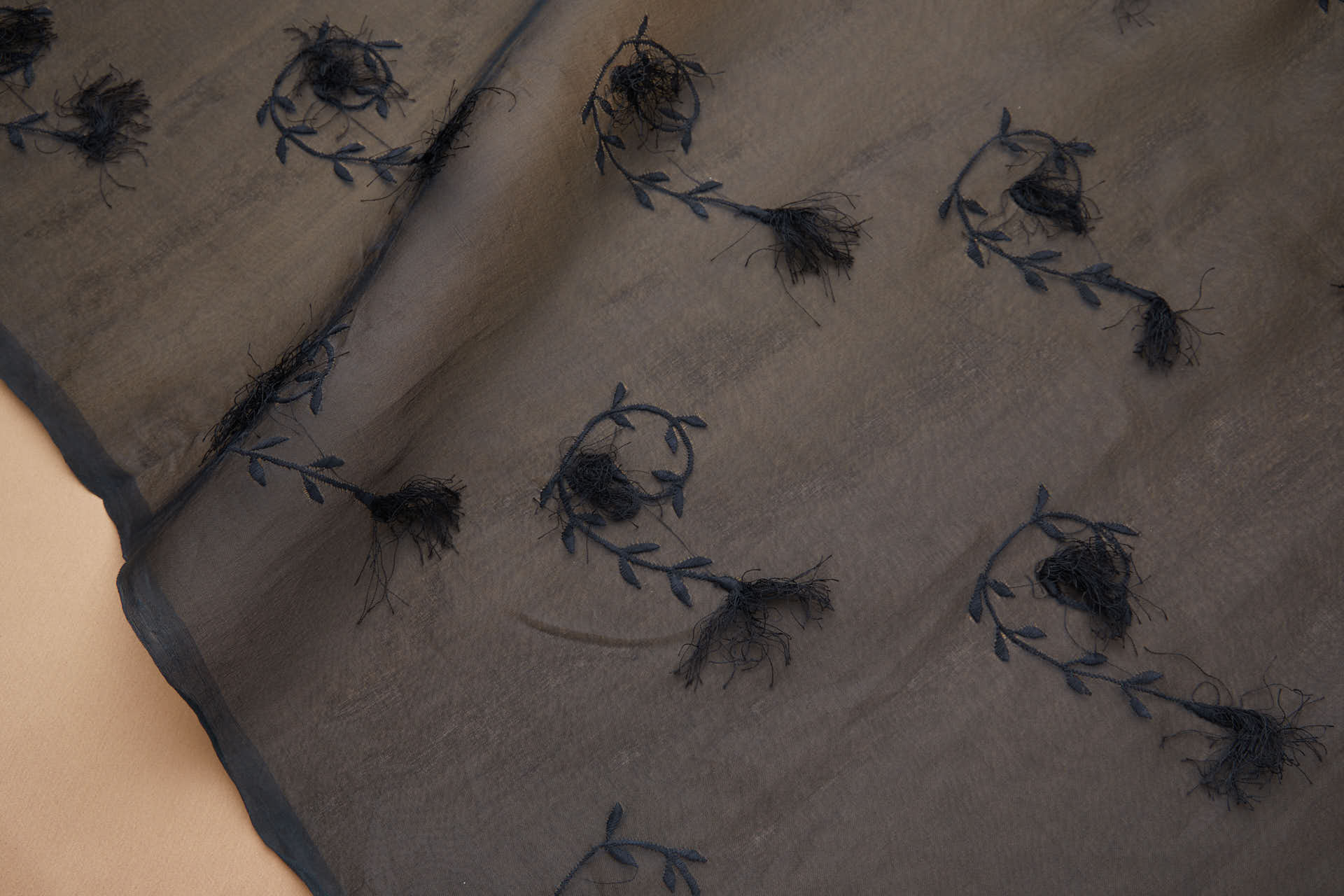 Vintage Black Tufty Flower Embroidery on Black Silk Organza fabric, image 2 of 9