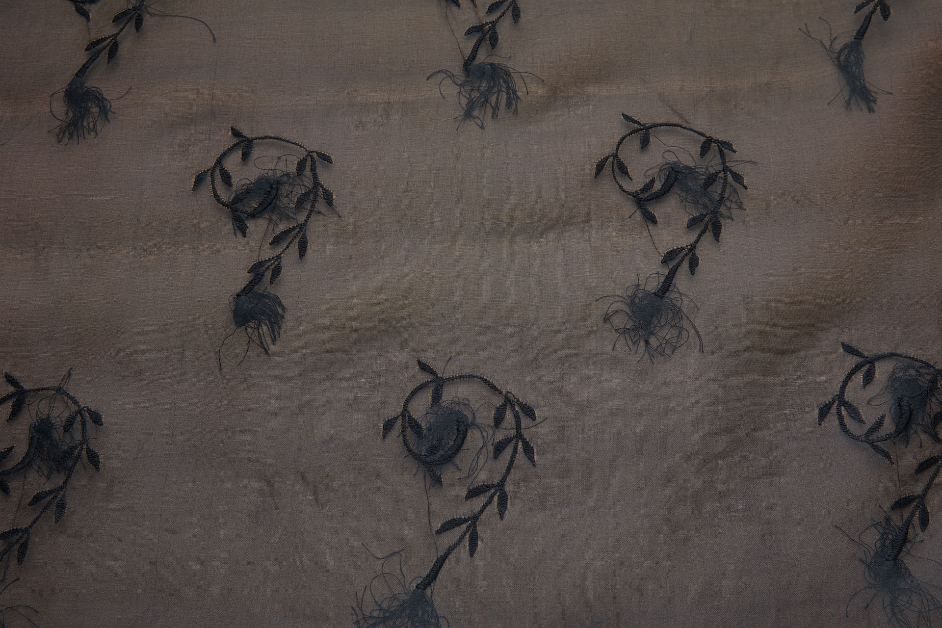 Vintage Black Tufty Flower Embroidery on Black Silk Organza fabric, image 5 of 9