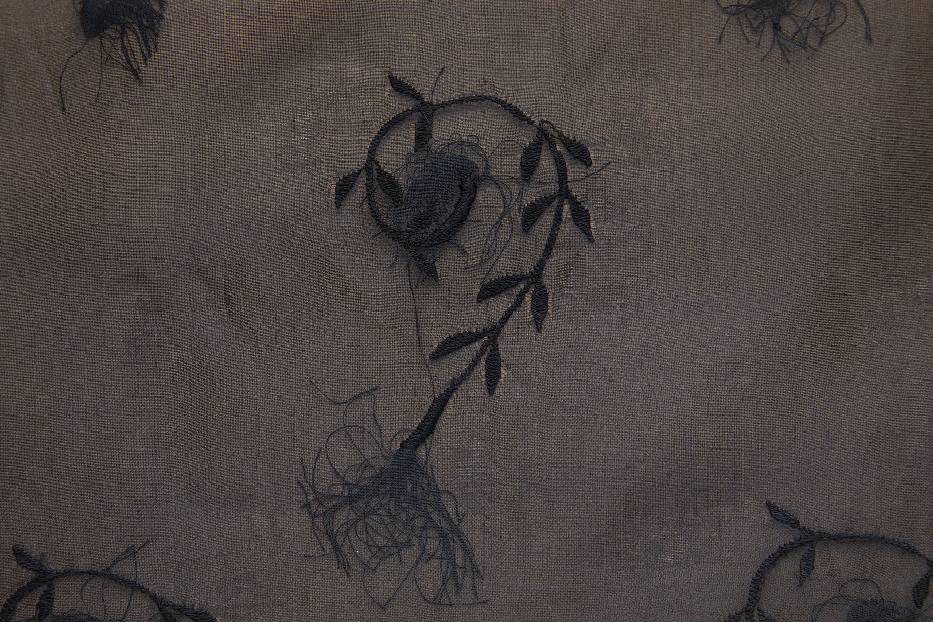Vintage Black Tufty Flower Embroidery on Black Silk Organza fabric, image 7 of 9