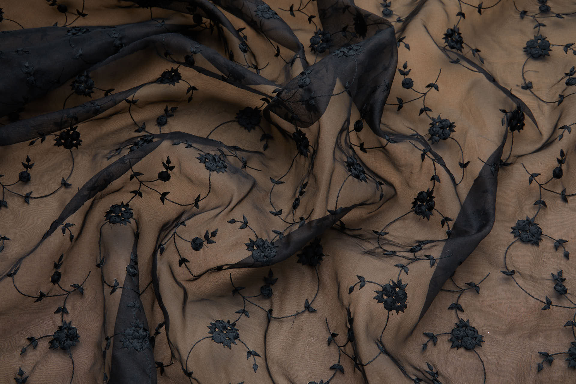 Dainty Roses Bouquet Embroidery on Silk Organza - Black fabric, image 7 of 8