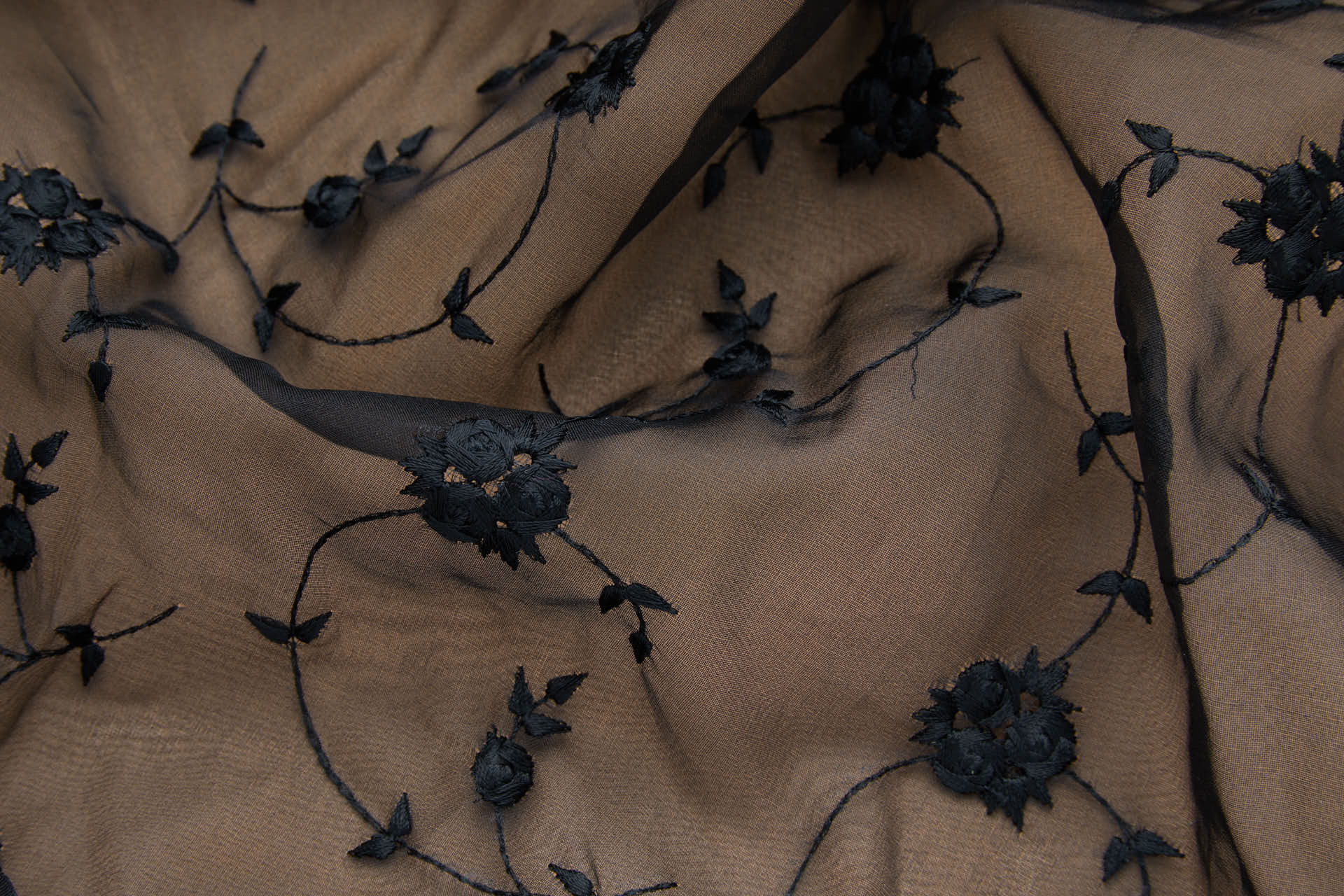 Dainty Roses Bouquet Embroidery on Silk Organza - Black fabric, image 2 of 8