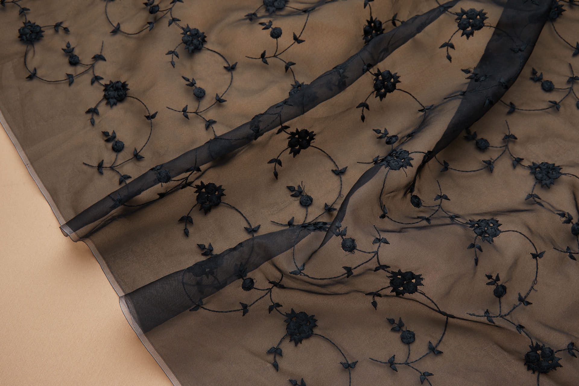 Dainty Roses Bouquet Embroidery on Silk Organza - Black fabric, image 4 of 8