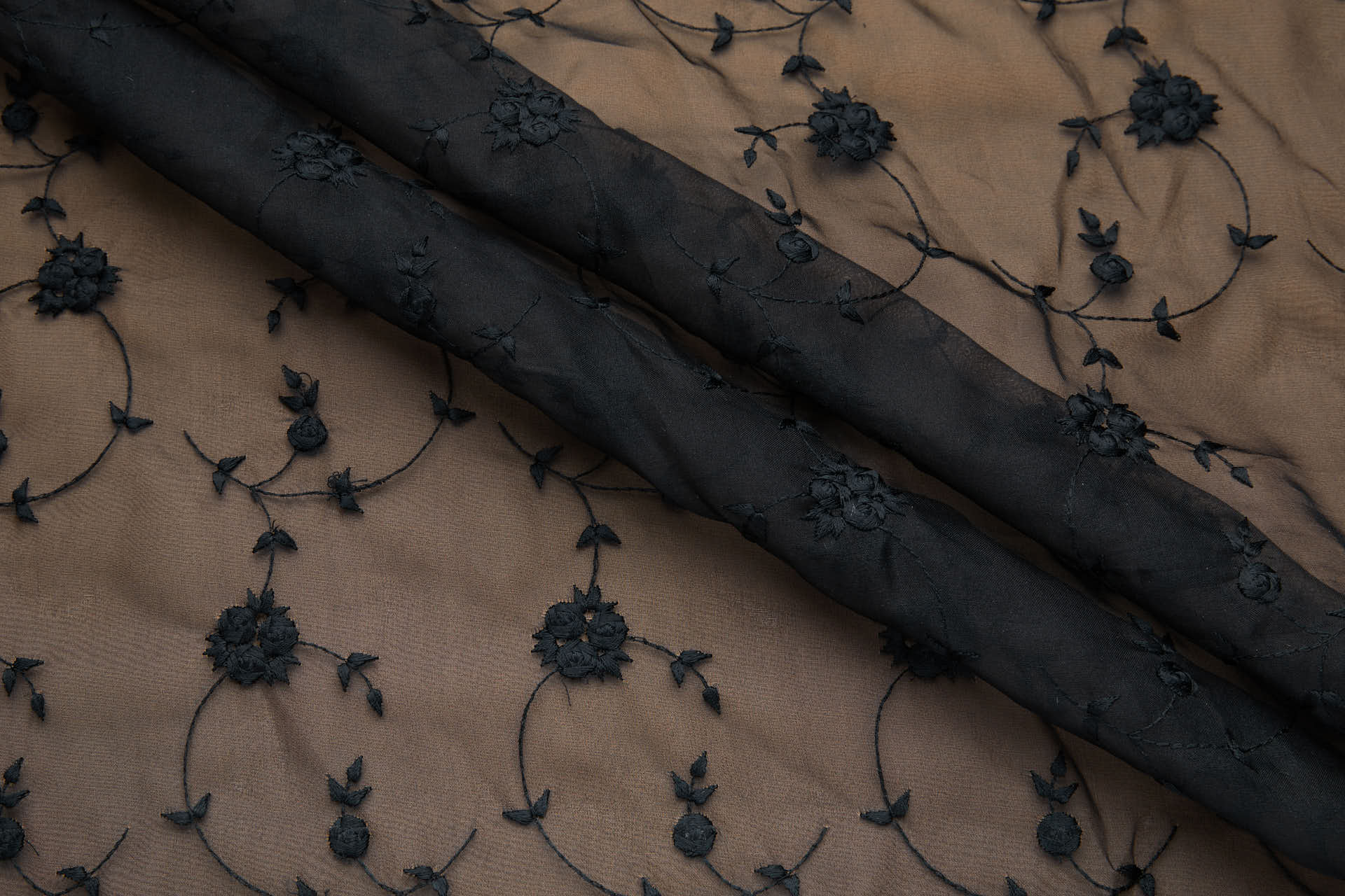 Dainty Roses Bouquet Embroidery on Silk Organza - Black fabric, image 3 of 8