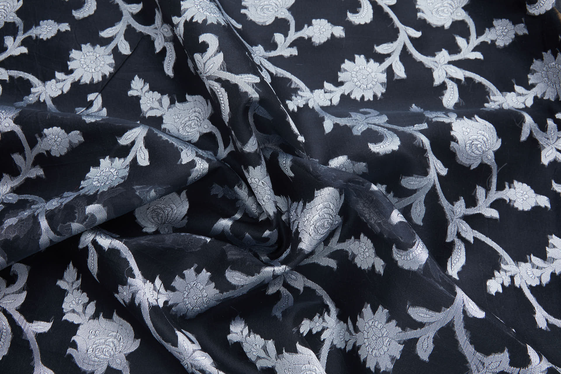 Ornate Floral Vine Fil Coupe Silk Organza Brocade - Black / Silver fabric, image 3 of 10