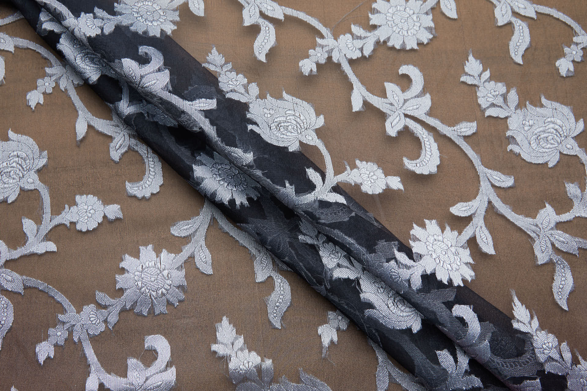 Ornate Floral Vine Fil Coupe Silk Organza Brocade - Black / Silver fabric, image 6 of 10