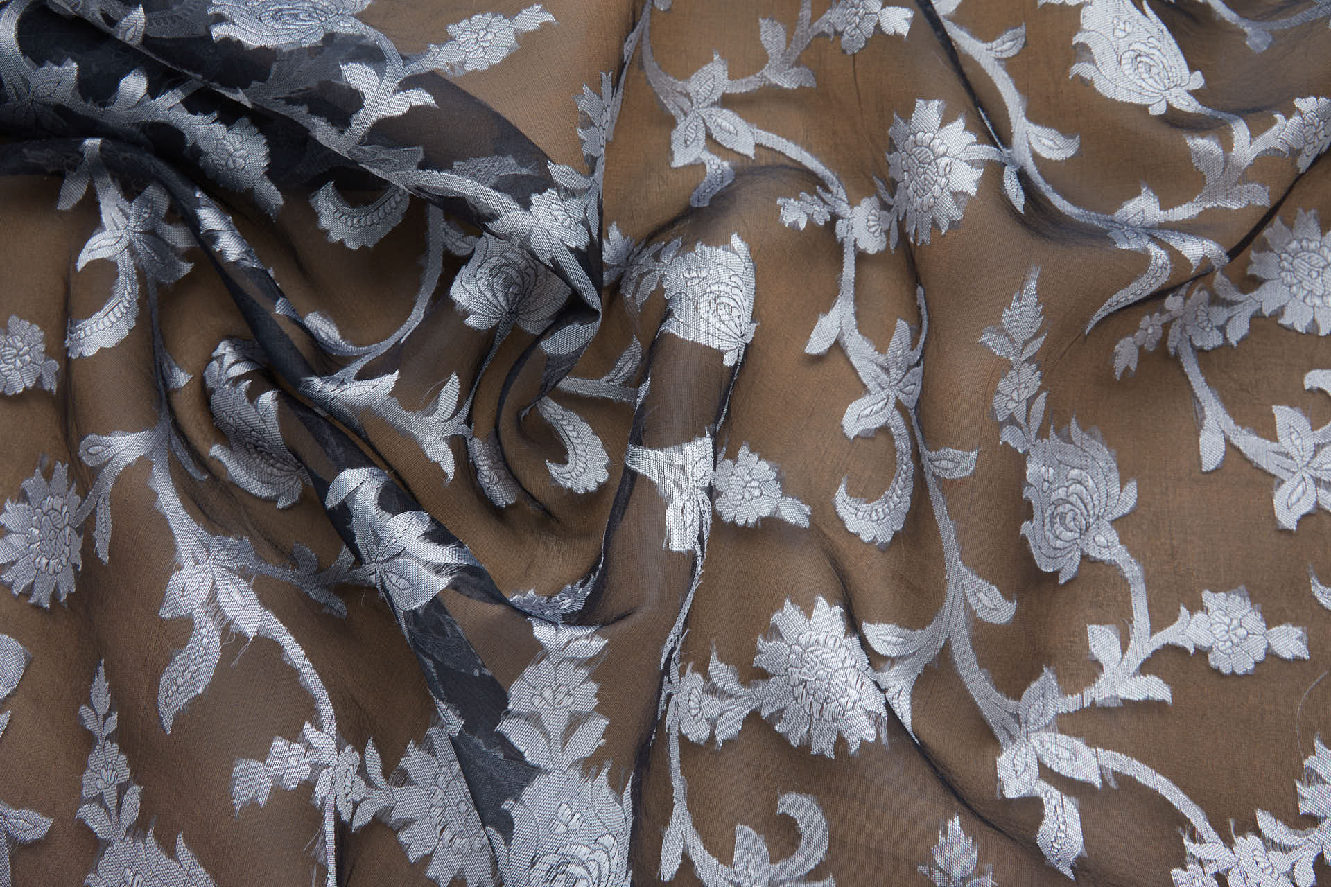 Ornate Floral Vine Fil Coupe Silk Organza Brocade - Black / Silver fabric, image 4 of 10