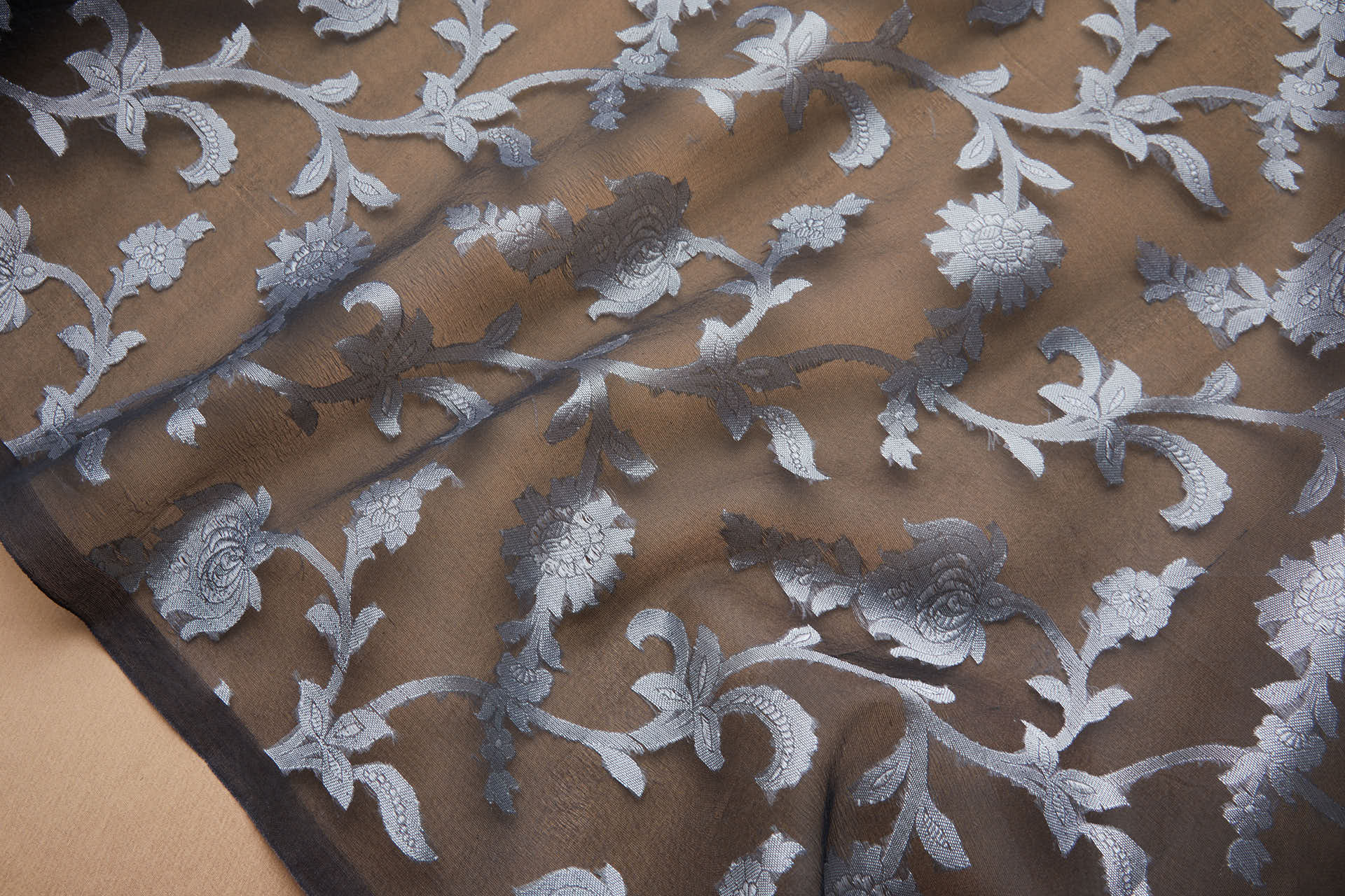 Ornate Floral Vine Fil Coupe Silk Organza Brocade - Black / Silver fabric, image 5 of 10