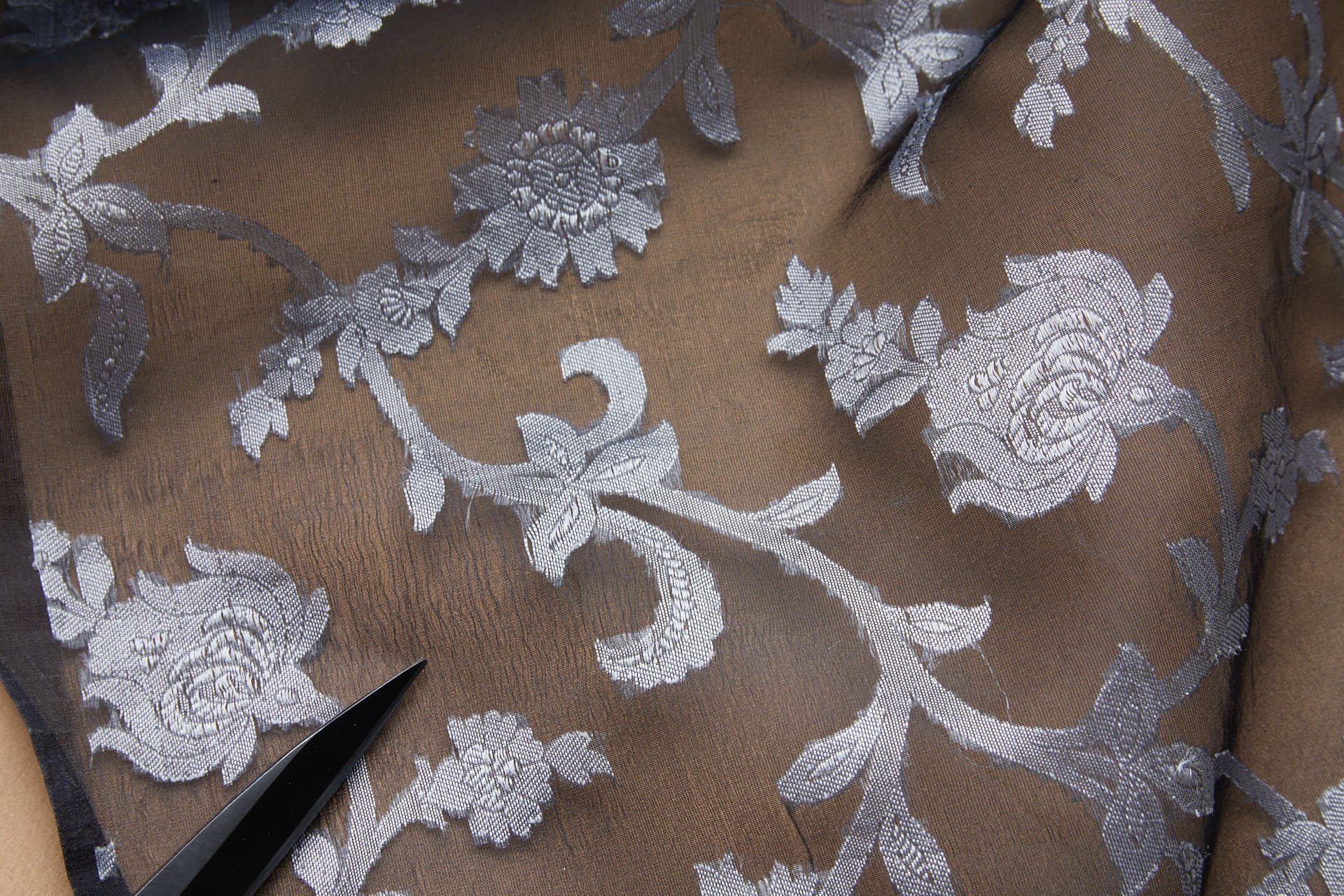 Ornate Floral Vine Fil Coupe Silk Organza Brocade - Black / Silver fabric, image 2 of 10