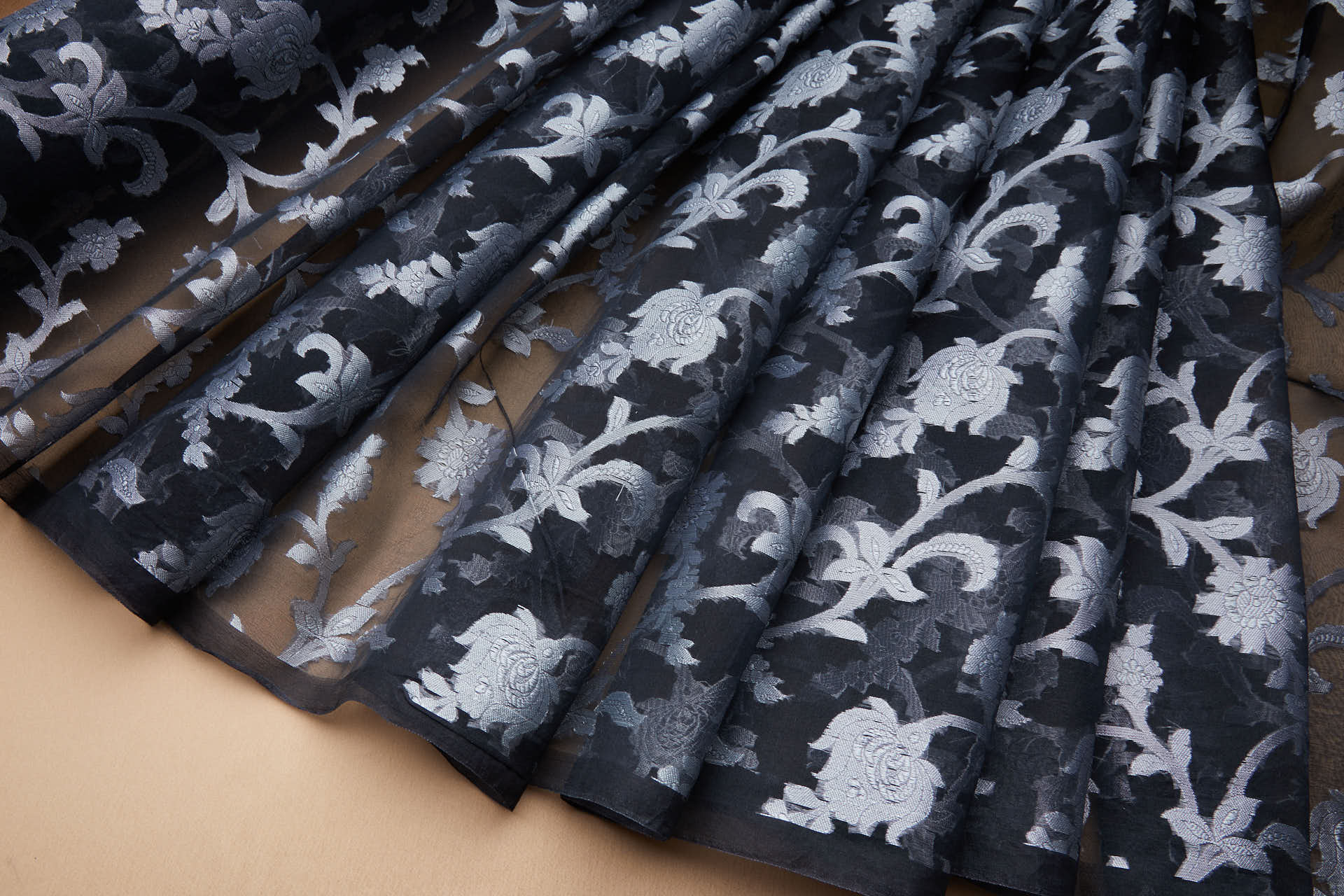 Ornate Floral Vine Fil Coupe Silk Organza Brocade - Black / Silver fabric