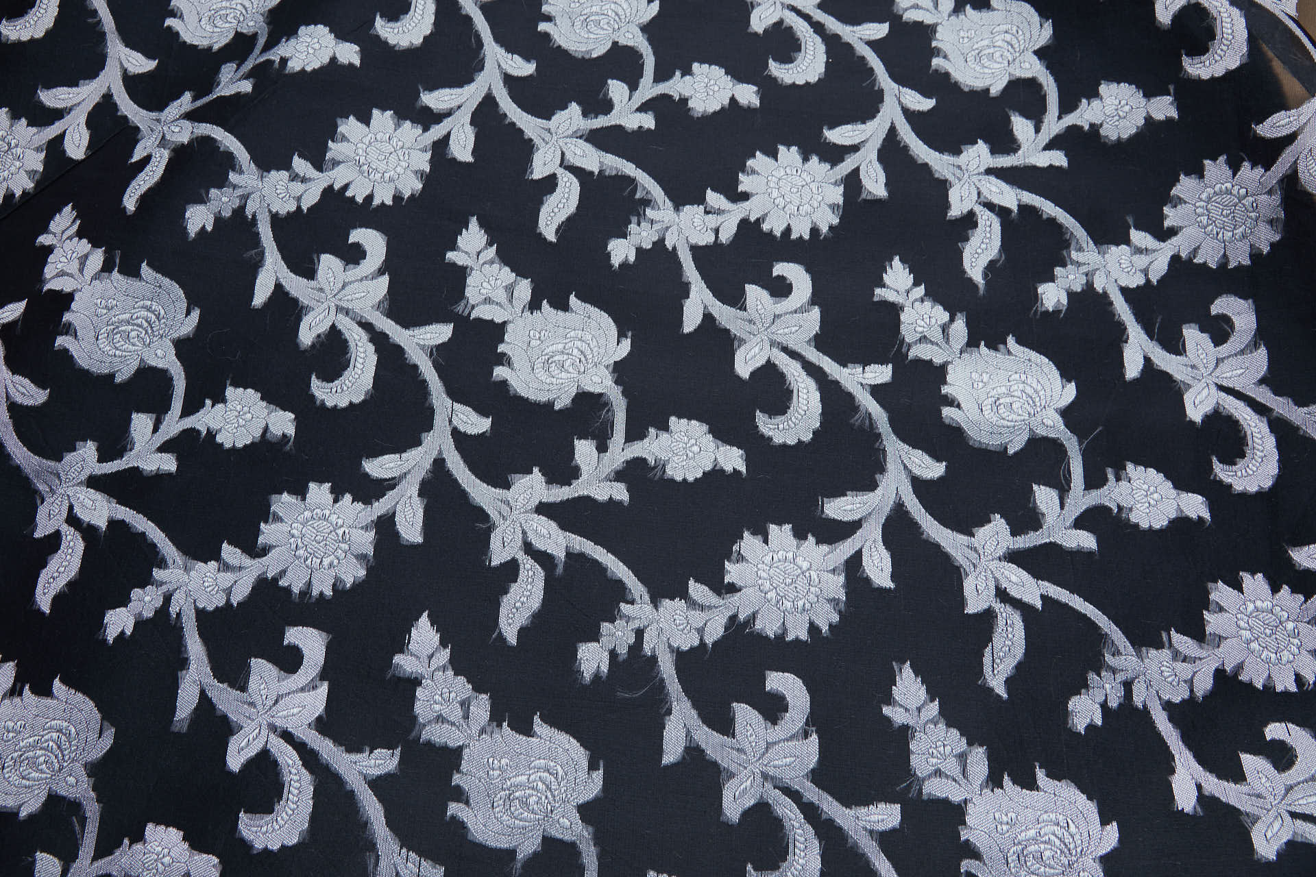 Ornate Floral Vine Fil Coupe Silk Organza Brocade - Black / Silver fabric, image 8 of 10