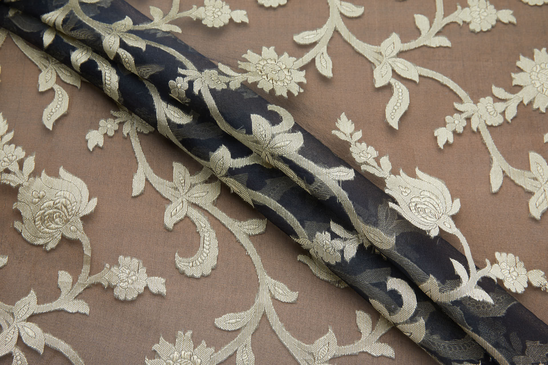 Ornate Floral Vine Fil Coupe Silk Organza Brocade - Black / Gold fabric, image 3 of 8