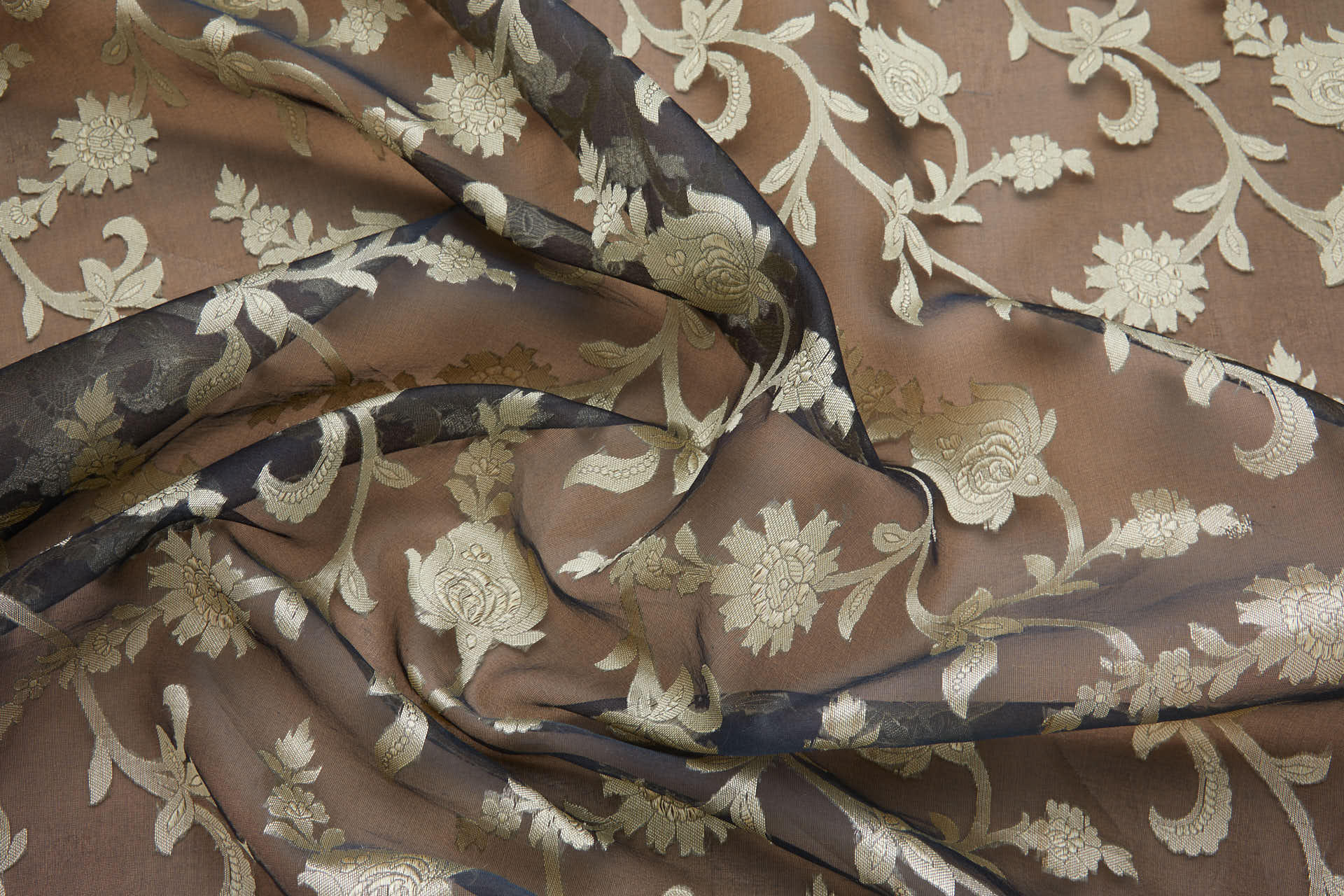 Ornate Floral Vine Fil Coupe Silk Organza Brocade - Black / Gold fabric, image 7 of 8