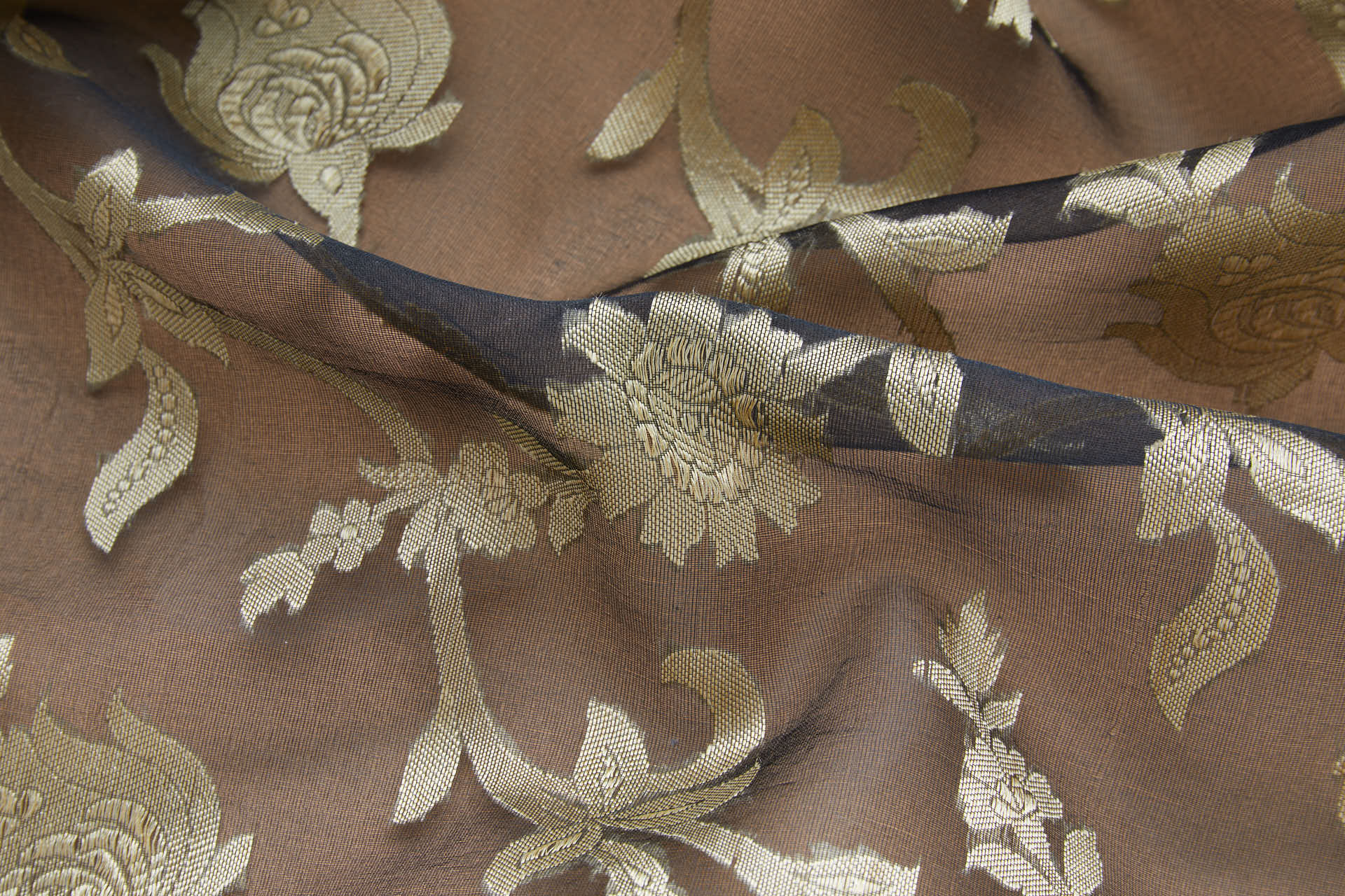 Ornate Floral Vine Fil Coupe Silk Organza Brocade - Black / Gold fabric, image 2 of 8