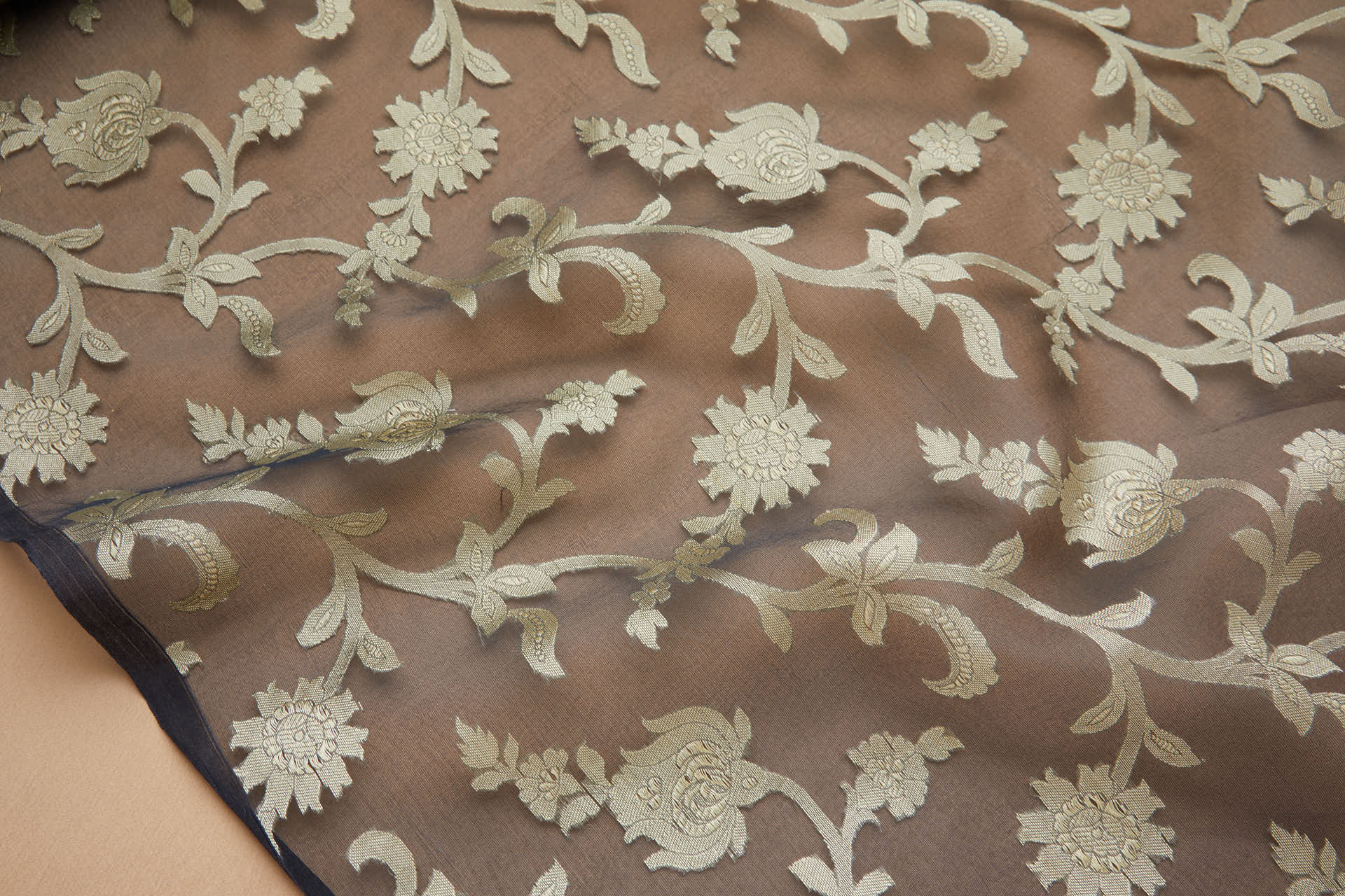 Ornate Floral Vine Fil Coupe Silk Organza Brocade - Black / Gold fabric, image 6 of 8