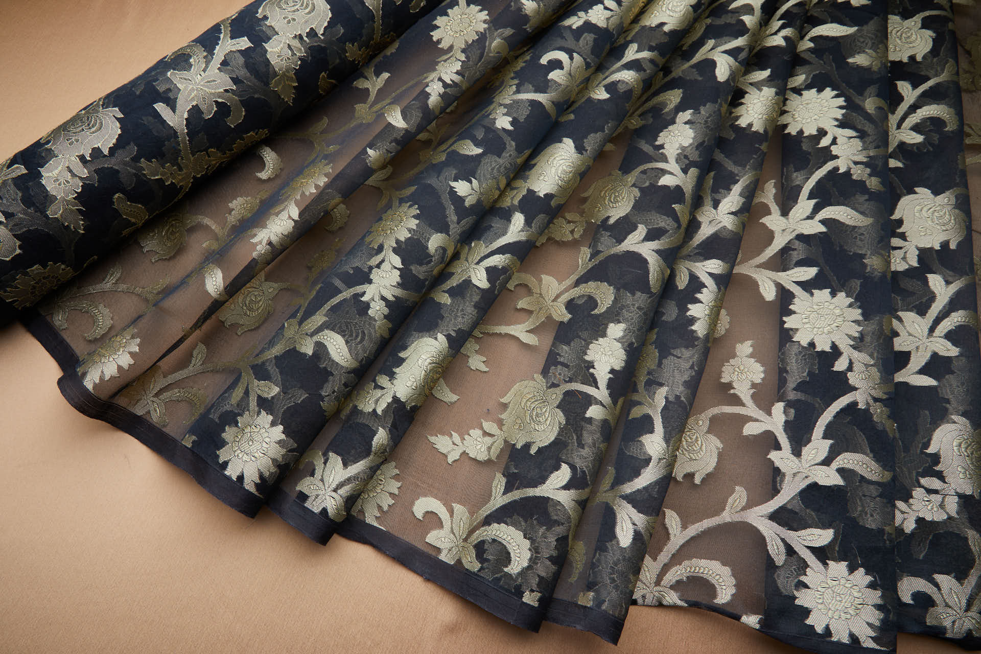 Ornate Floral Vine Fil Coupe Silk Organza Brocade - Black / Gold fabric
