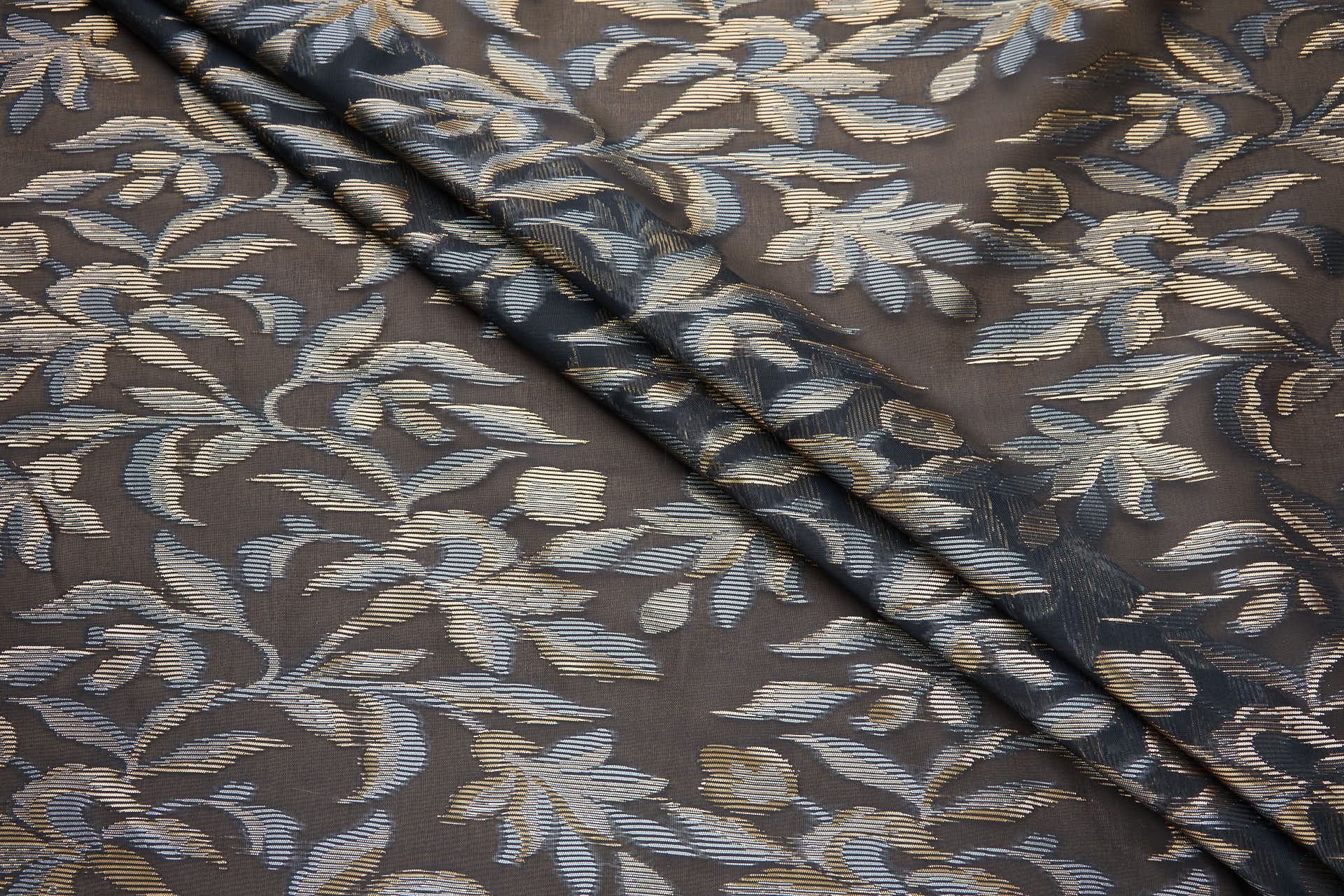 Fil Coupe Floral and Foliage Organza in Black Gold and Silver fabric, image 3 of 9