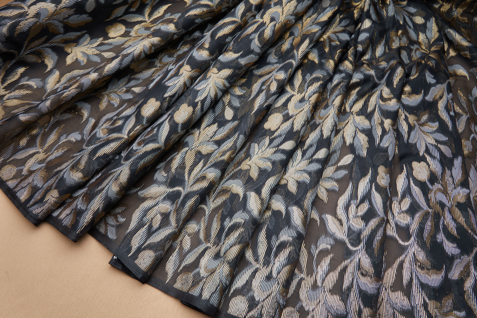 Fil Coupe Floral and Foliage Organza in Black Gold and Silver fabric