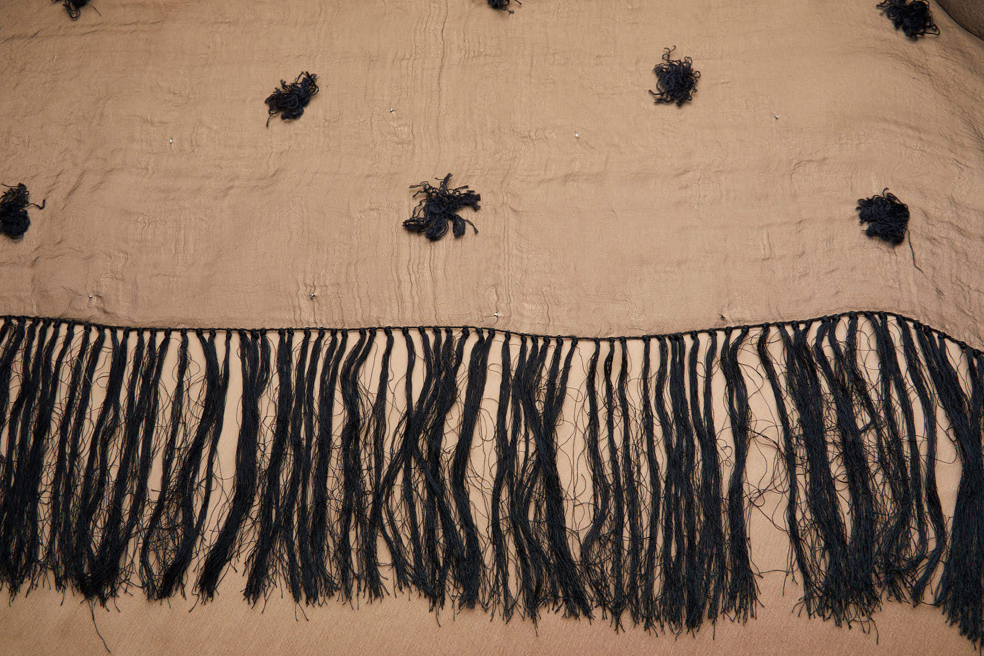 Vintage Black SIlk Gauze with Tufts, Microstuds and Handmade Fringing fabric, image 2 of 9