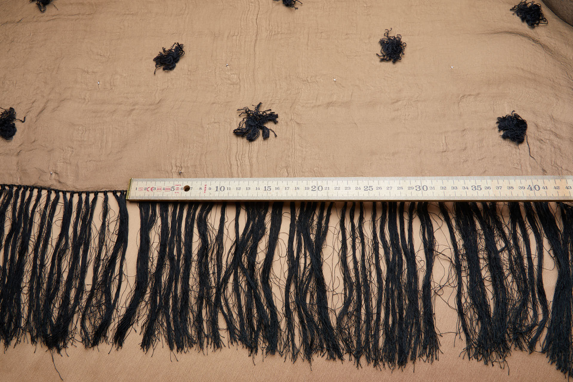 Vintage Black SIlk Gauze with Tufts, Microstuds and Handmade Fringing fabric, image 7 of 9