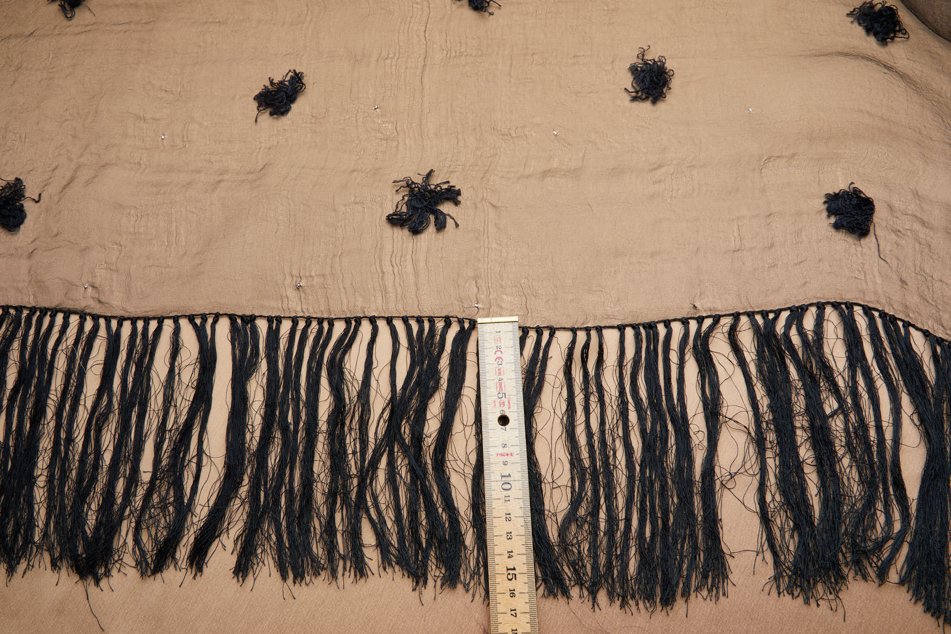 Vintage Black SIlk Gauze with Tufts, Microstuds and Handmade Fringing fabric, image 5 of 9