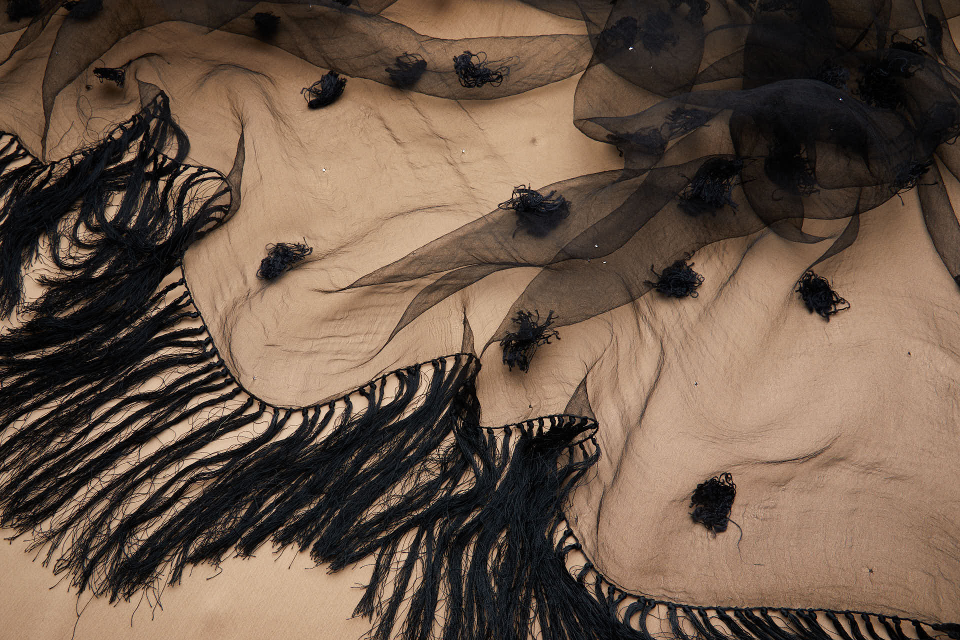Vintage Black SIlk Gauze with Tufts, Microstuds and Handmade Fringing fabric, image 8 of 9