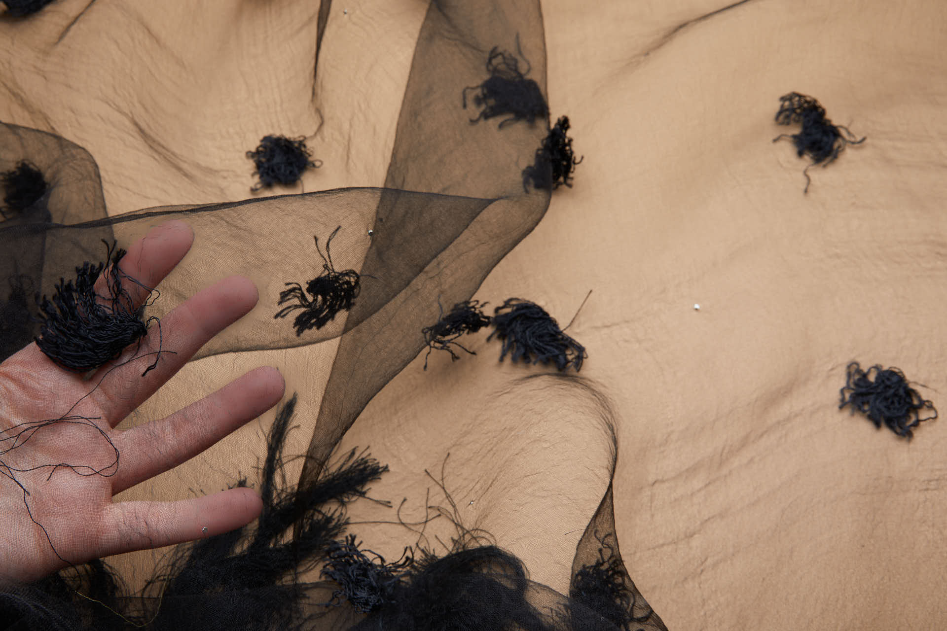 Vintage Black SIlk Gauze with Tufts, Microstuds and Handmade Fringing fabric, image 3 of 9