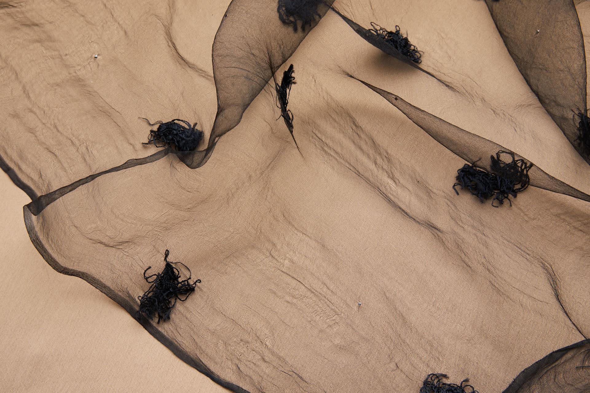 Vintage Black SIlk Gauze with Tufts, Microstuds and Handmade Fringing fabric, image 4 of 9