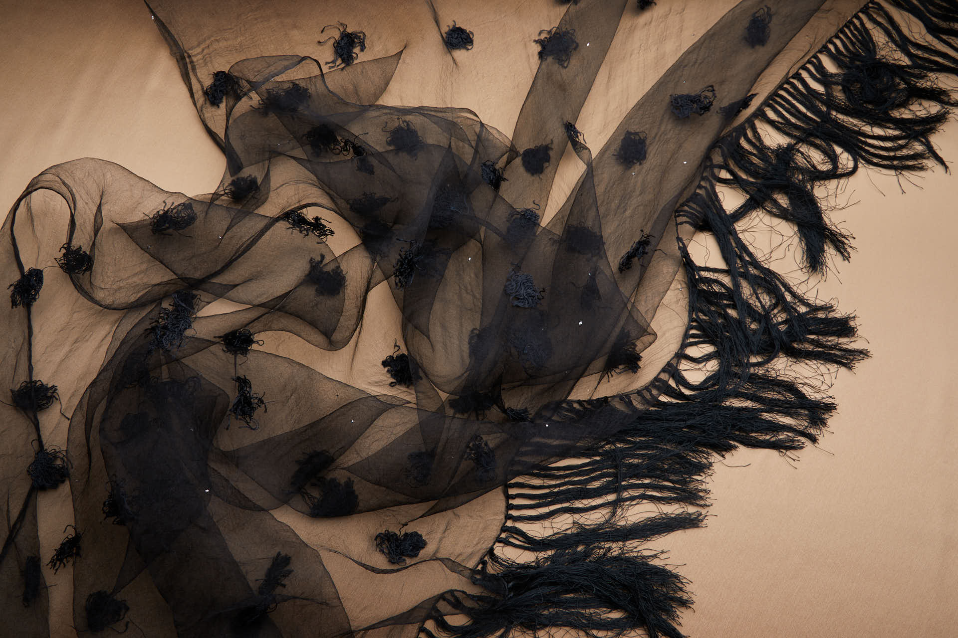 Vintage Black SIlk Gauze with Tufts, Microstuds and Handmade Fringing fabric, image 6 of 9