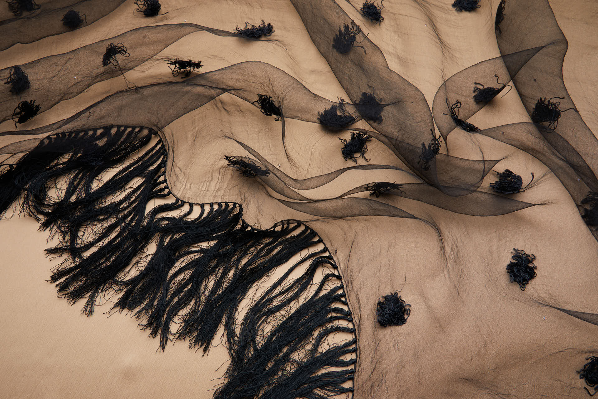 Vintage Black SIlk Gauze with Tufts, Microstuds and Handmade Fringing fabric