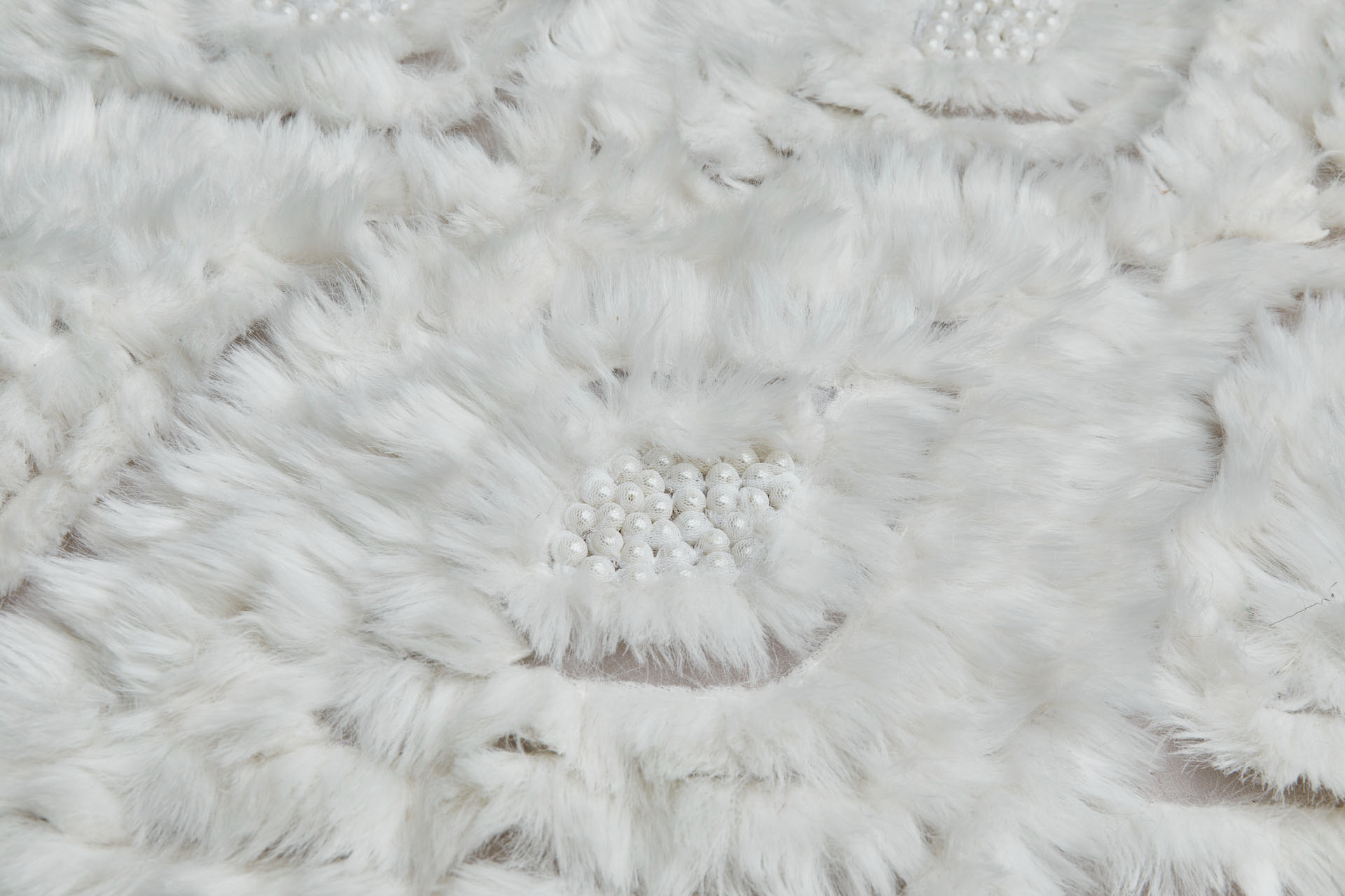 Ivory Faux Fur Strips and Tulle Covered Pearls Appliqué on Silk Chiffon fabric, image 2 of 6