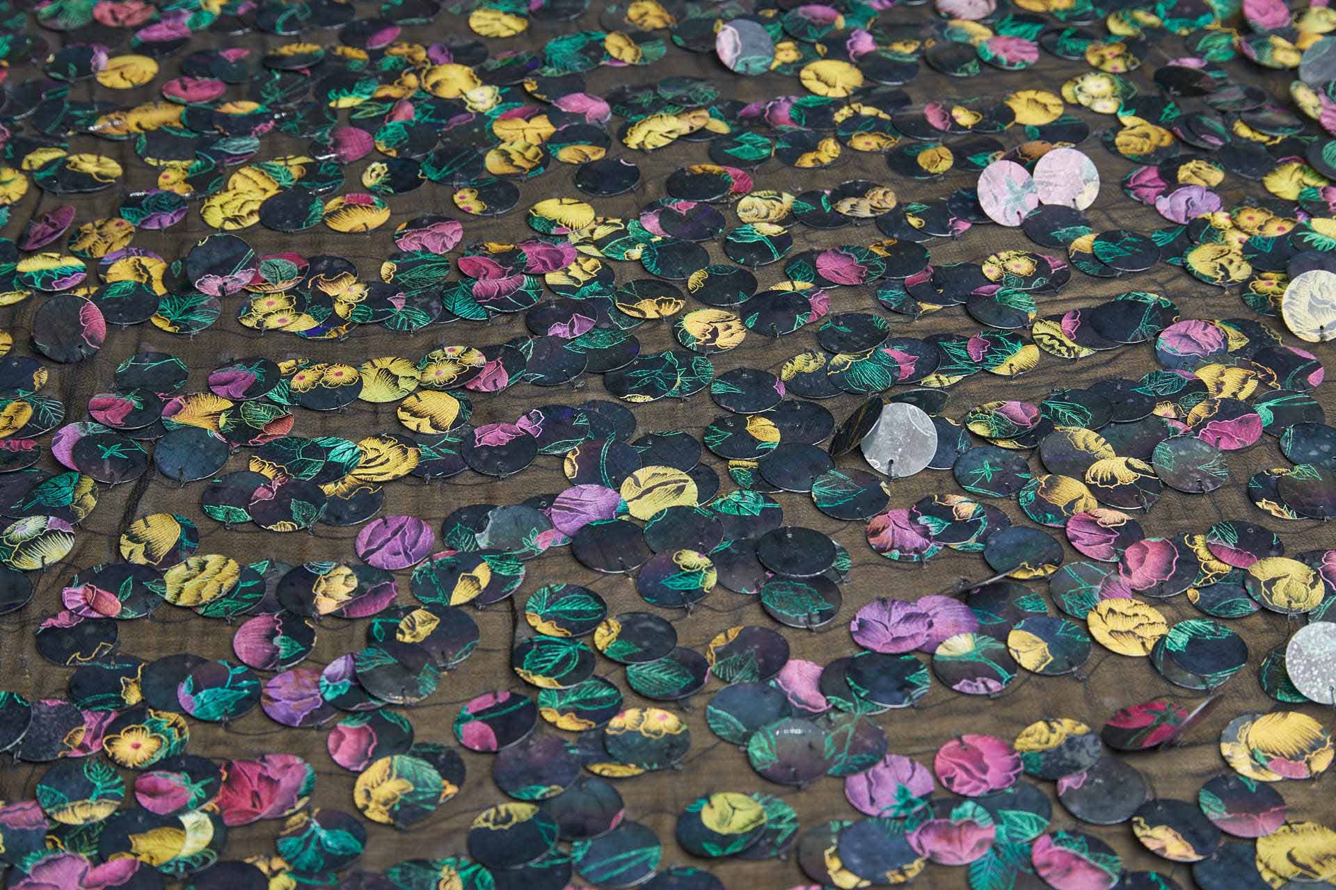 Holographic Floral Printed Sequin on Black Silk Chiffon fabric, image 6 of 6