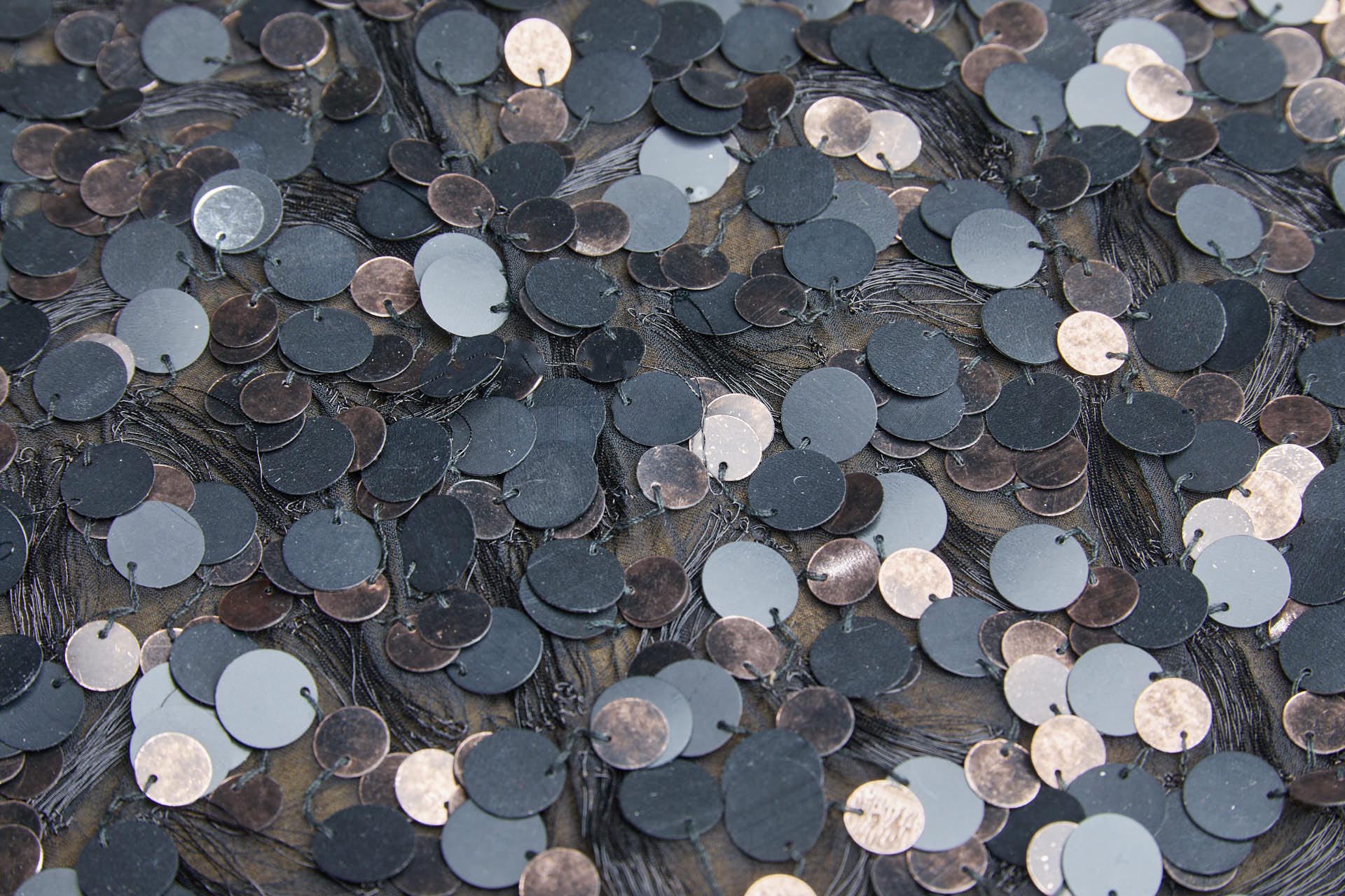 Matt Black & Tarnished Copper Sequins with Black Metal Thread on Silk Chiffon fabric