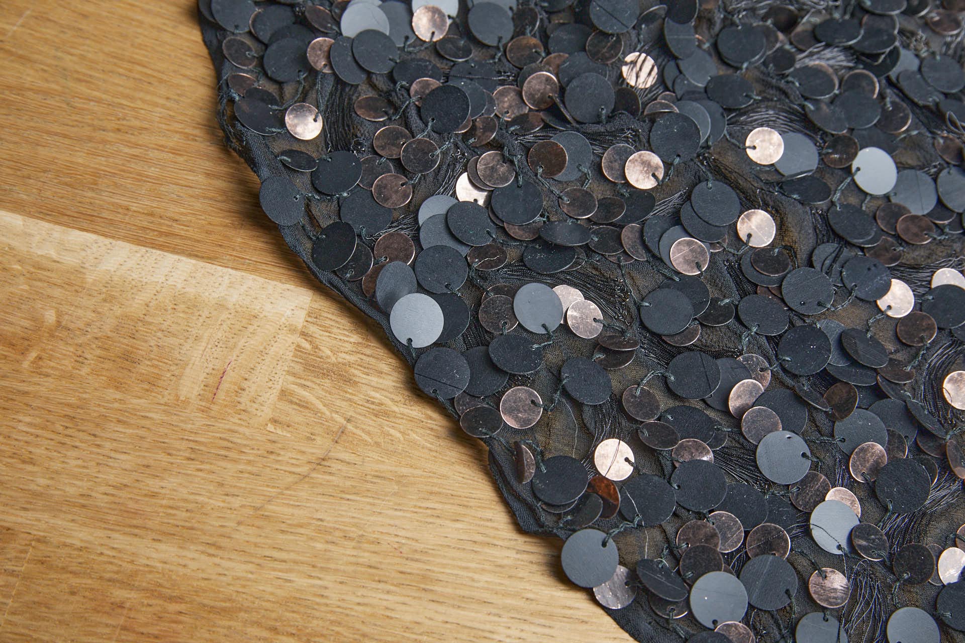 Matt Black & Tarnished Copper Sequins with Black Metal Thread on Silk Chiffon fabric, image 4 of 7
