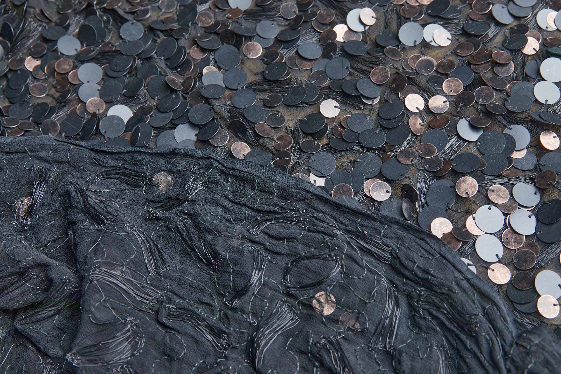 Matt Black & Tarnished Copper Sequins with Black Metal Thread on Silk Chiffon fabric, image 5 of 7