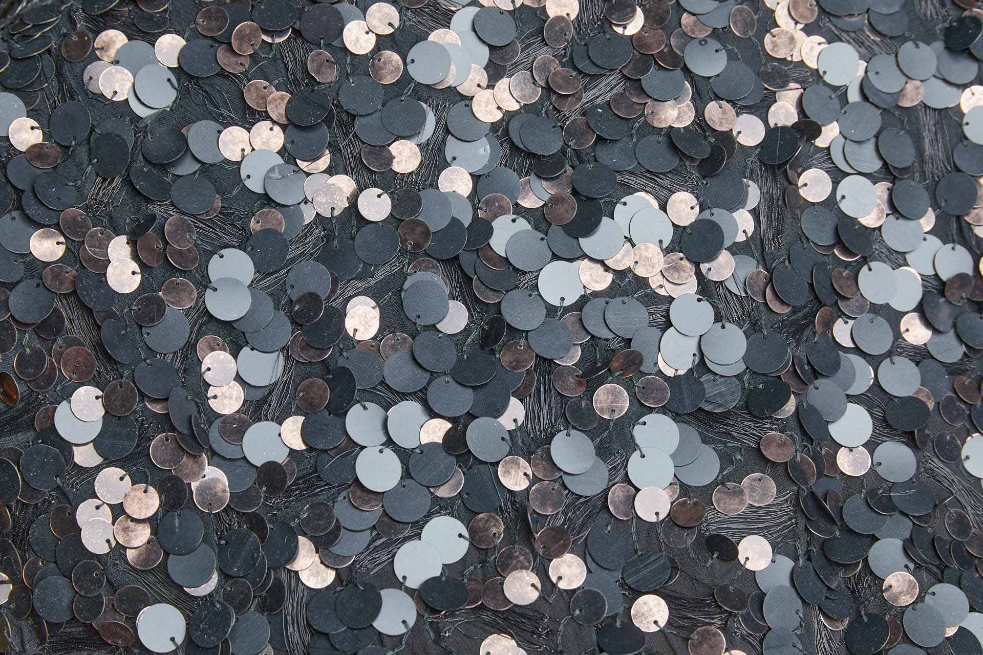 Matt Black & Tarnished Copper Sequins with Black Metal Thread on Silk Chiffon fabric, image 6 of 7