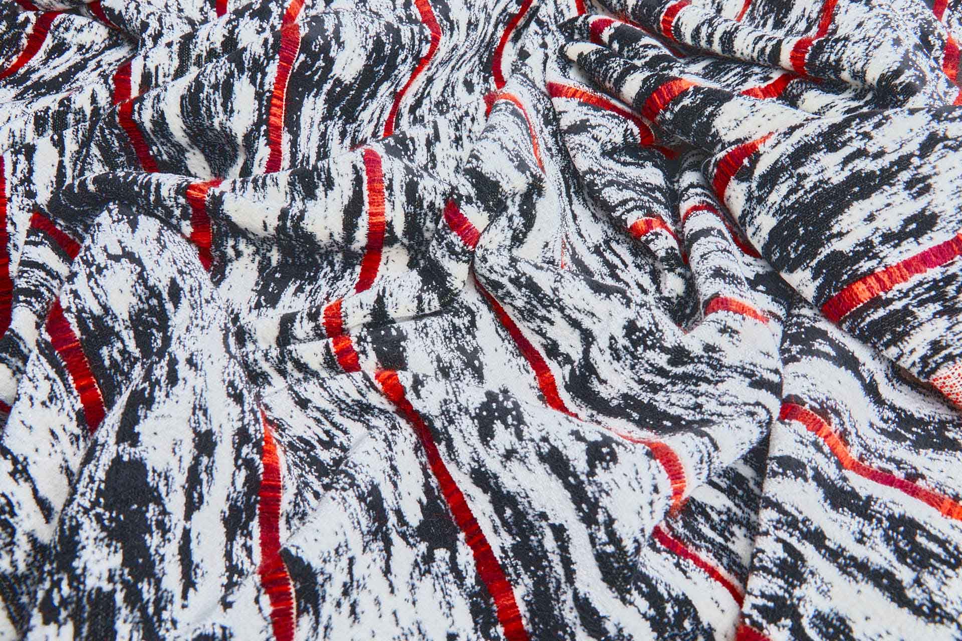 Woven Velvet Fabric in Black and White with Red Stripes, image 9 of 9
