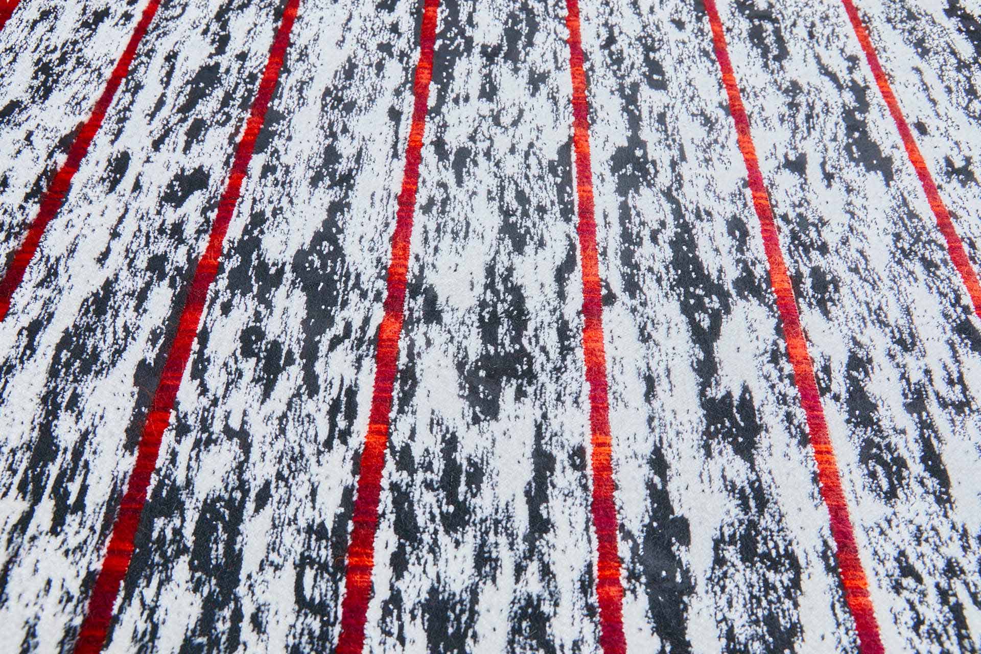 Woven Velvet Fabric in Black and White with Red Stripes, image 2 of 9