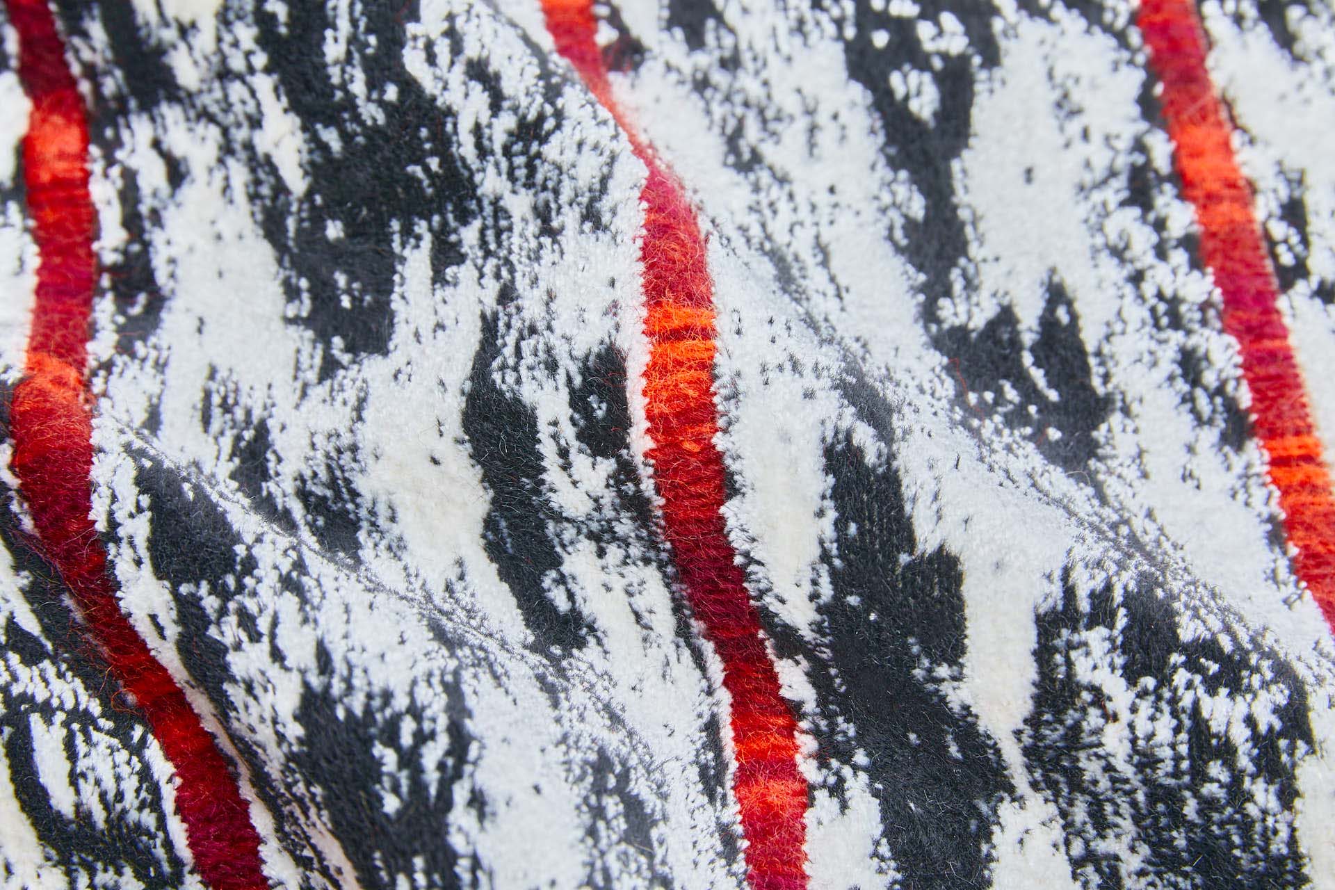 Woven Velvet Fabric in Black and White with Red Stripes, image 4 of 9