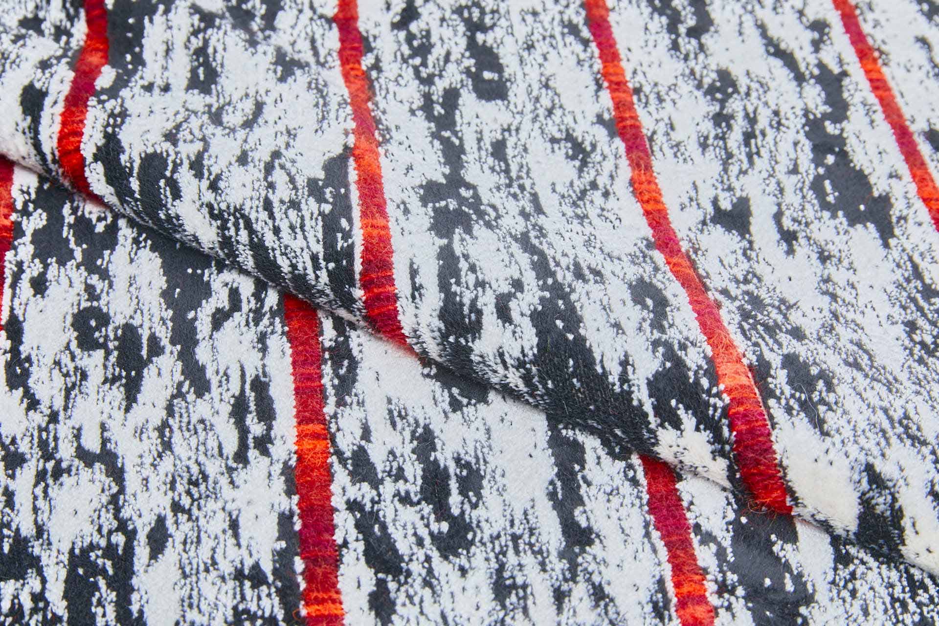 Woven Velvet Fabric in Black and White with Red Stripes