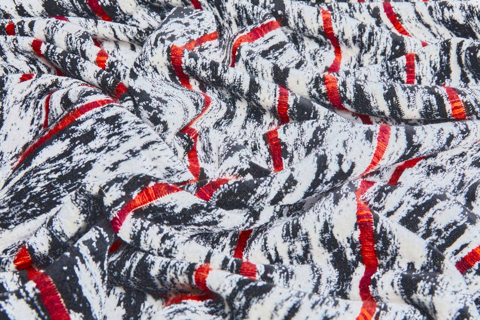 Woven Velvet Fabric in Black and White with Red Stripes, image 5 of 9