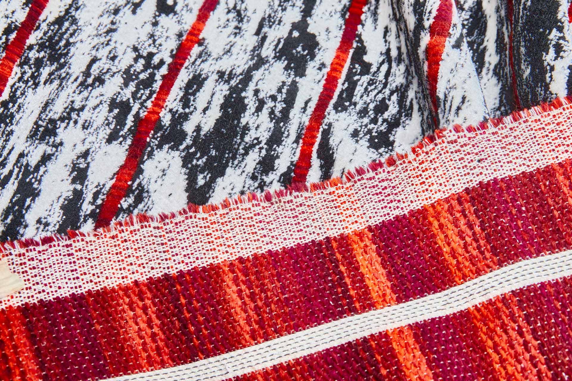 Woven Velvet Fabric in Black and White with Red Stripes, image 6 of 9
